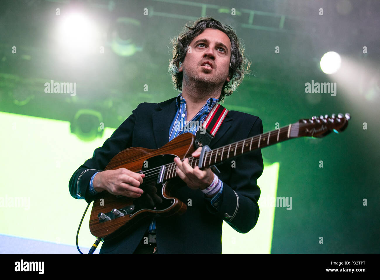 Norway, Oslo - June 16, 2018. The French indie pop band Phoenix performs a  live concert during the Norwegian music festival Piknik i Parken 2018 in  Oslo. Here guitarist Christian Mazzalai is