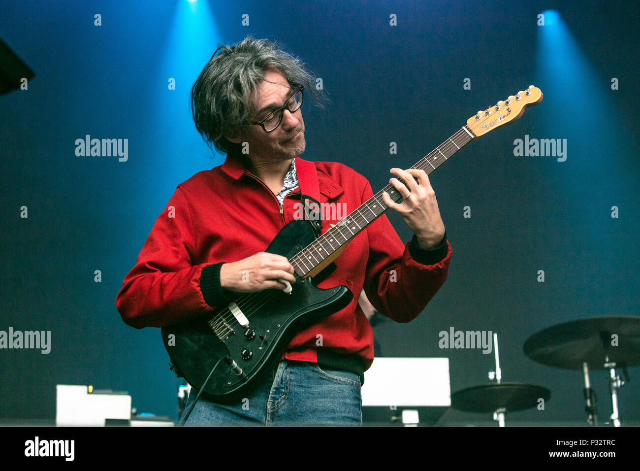 Norway, Oslo - June 16, 2018. The French indie pop band Phoenix performs a  live concert during the Norwegian music festival Piknik i Parken 2018 in  Oslo. Here guitarist Laurent Brancowitz is