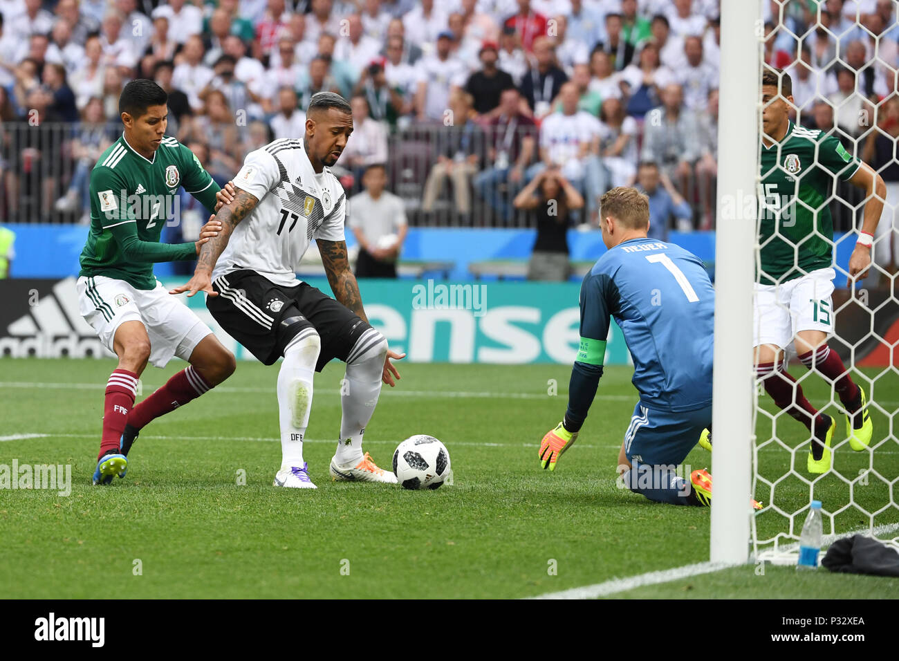 Moscow, Russia. 17th June, 2018. left to right Hugo Ayala (Mexico), Jerome Boateng (Germany), goalkeeper Manuel Neuer (Germany). GES/Football/World Cup 2018 Russia: Germany - Mexico, 17.06.2018 GES/Soccer/Football/Worldcup 2018 Russia: Germany vs Mexico, Moscow, June 17, 2018 | usage worldwide Credit: dpa/Alamy Live News Stock Photo