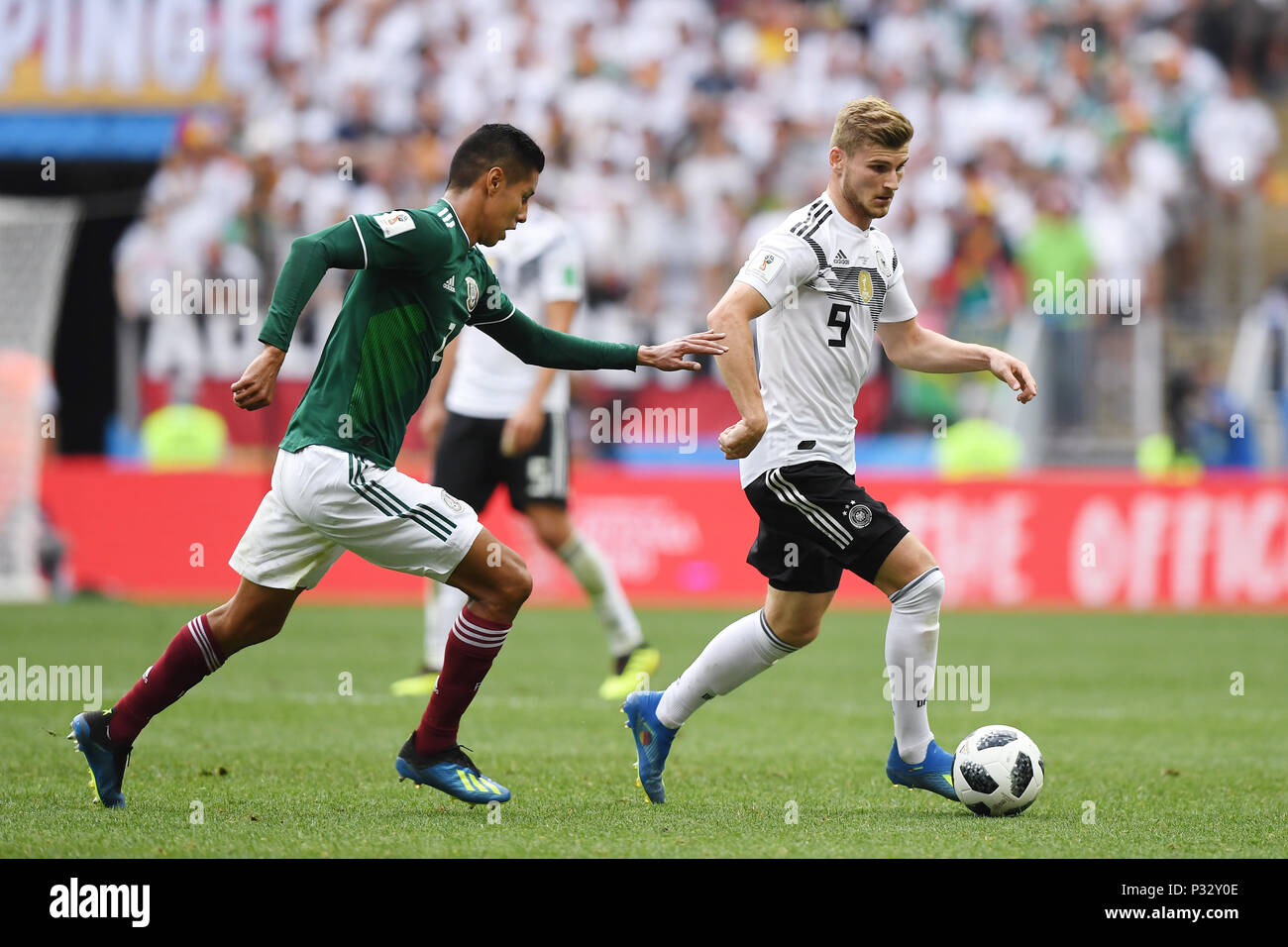 Moscow, Russia. 17th June, 2018. Hugo Ayala (Mexico, l.) Versus Timo Werner (Germany, r.). GES/Football/World Cup 2018 Russia: Germany - Mexico, 17.06.2018 GES/Soccer/Football/Worldcup 2018 Russia: Germany vs Mexico, Moscow, June 17, 2018 | usage worldwide Credit: dpa/Alamy Live News Stock Photo