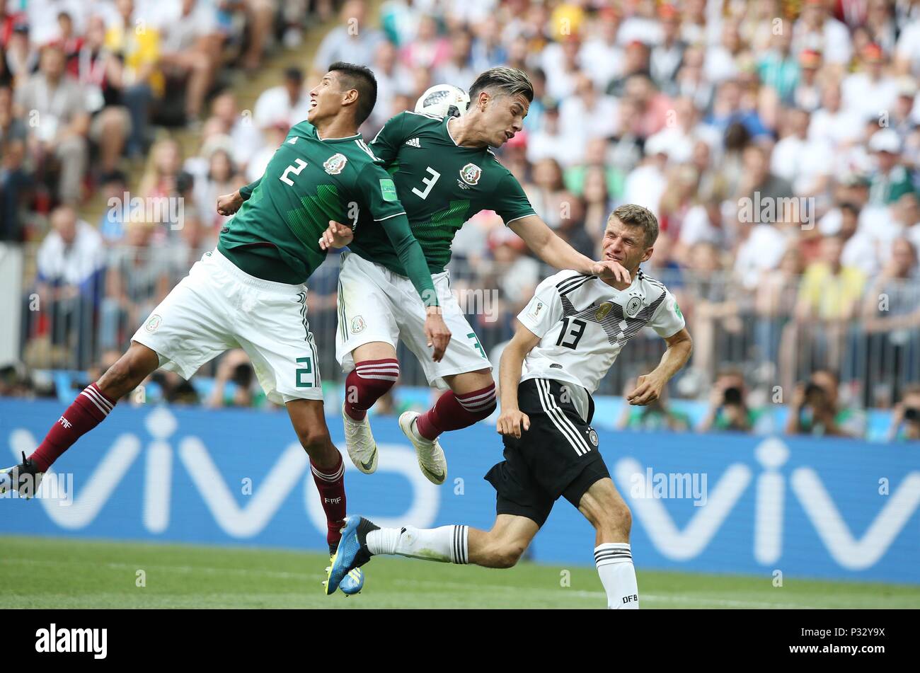 Moscow, Russia. 17th June, 2018. firo: 17.06.2018, Moscow, Football, Soccer,  Germany - Mexico, Mexico Hugo Ayala and Carlos Salcedo versus Thomas MULLER | usage worldwide Credit: dpa/Alamy Live News Stock Photo