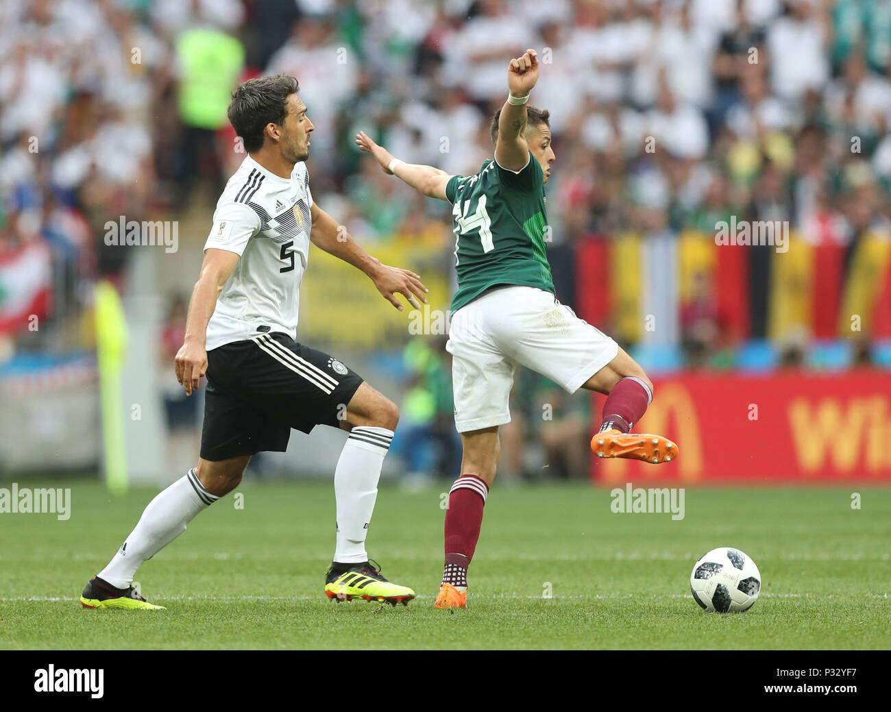 Moscow, Russia. 17th June, 2018. Mats Hummels (L) of Germany vies with Javier Hernandez of Mexico during a group F match between Germany and Mexico at the 2018 FIFA World Cup in Moscow, Russia, June 17, 2018. Credit: Xu Zijian/Xinhua/Alamy Live News Stock Photo