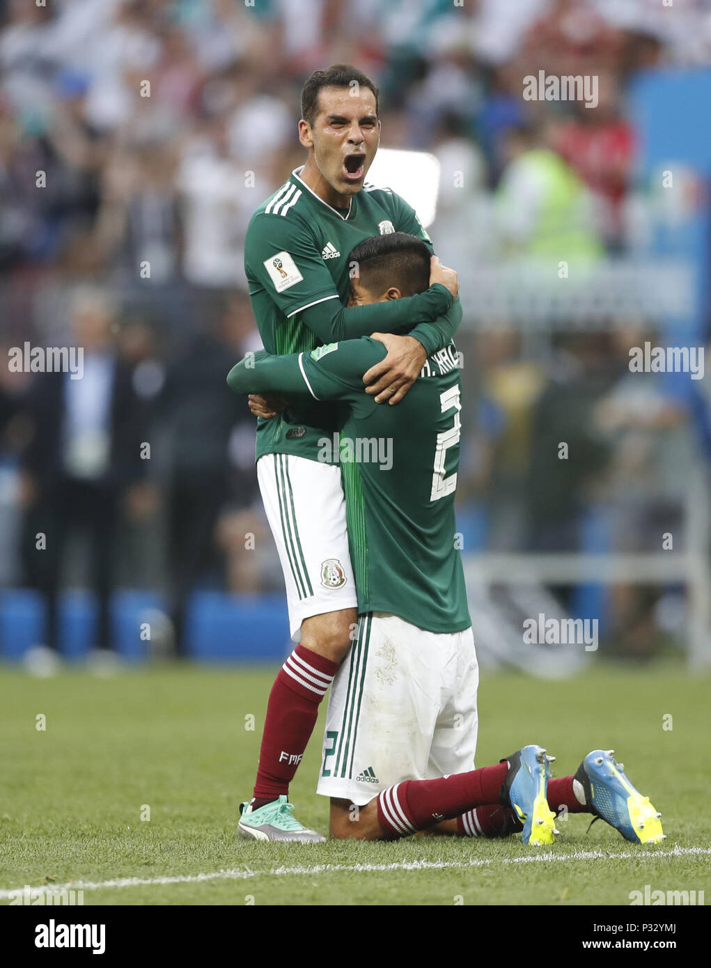Moscow, Russia. 17th June, 2018. Mexico's Rafael Marquez (L) celebrates victory with his teammate after a group F match between Germany and Mexico at the 2018 FIFA World Cup in Moscow, Russia, June 17, 2018. Mexico won 1-0. Credit: Cao Can/Xinhua/Alamy Live News Stock Photo