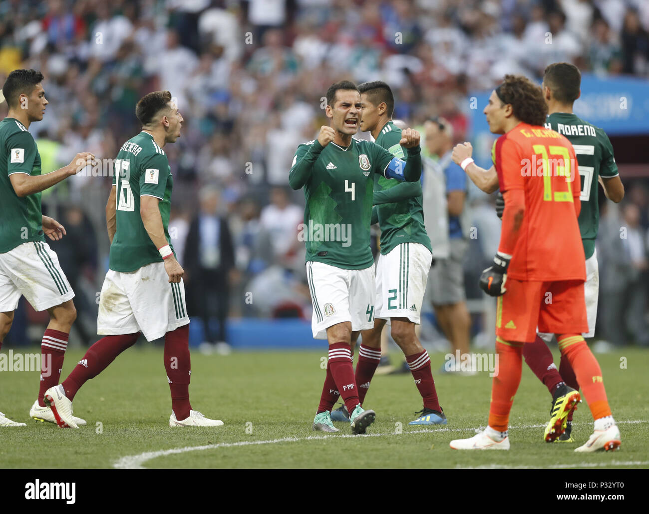 Moscow, Russia. 17th June, 2018. Mexico's Rafael Marquez (C) celebrates victory with teammates after a group F match between Germany and Mexico at the 2018 FIFA World Cup in Moscow, Russia, June 17, 2018. Mexico won 1-0. Credit: Cao Can/Xinhua/Alamy Live News Stock Photo