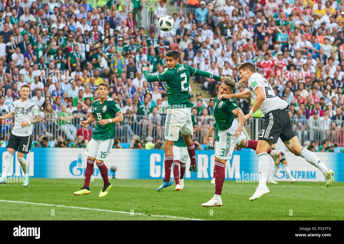 Moscow, Russia, 17 June 2018. Germany - Mexico, Soccer, Moscow, June 17, 2018 Mario GOMEZ, DFB 23 lost chanche for goal, Hugo AYALA, Mex 2 , Carlos SALCIDO, Mex 3 Moreno HECTOR, Mex 15  GERMANY - MEXICO FIFA WORLD CUP 2018 RUSSIA, Group F, Season 2018/2019,  June 17, 2018 L u z h n i k i Stadium in Moscow, Russia.  © Peter Schatz / Alamy Live News Stock Photo