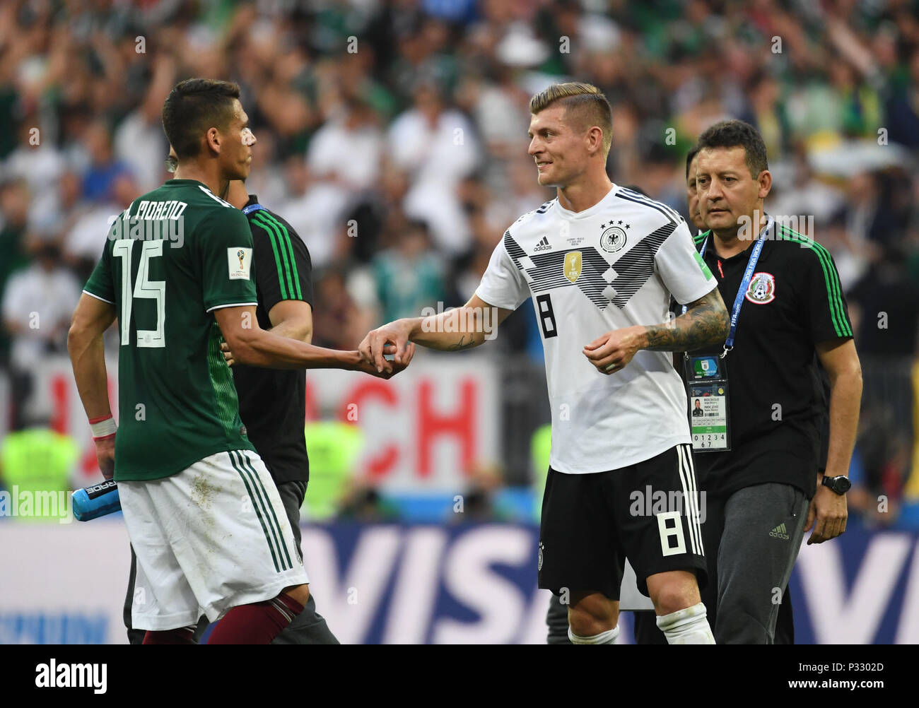 Moscow, Russia, 17 June 2018, Soccer, FIFA World Cup, Group F, Matchday 1 of 3, Germany vs Mexico at the Luzhniki Stadium: Germany's Toni Kroos shakes hands with Hector Moreno (L) of Mexico. The German national team lost the opening game against Mexico by 0-1. Photo: Federico Gambarini/dpa Credit: dpa picture alliance/Alamy Live News Stock Photo