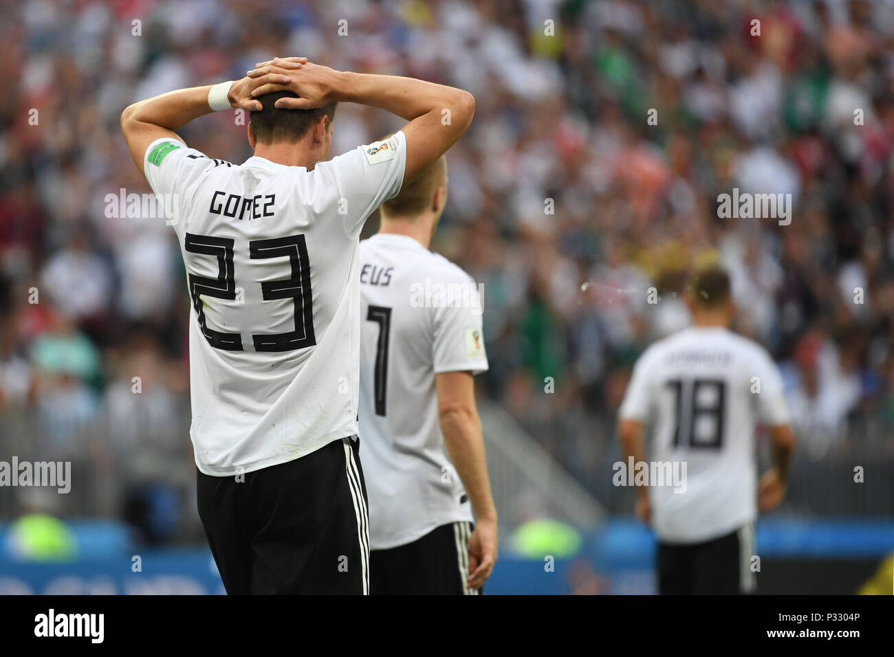 Moscow, Russia, 17 June 2018, Soccer, FIFA World Cup, Group F, Matchday 1 of 3, Germany vs Mexico at the Luzhniki Stadium: (L-R) Germany's Mario Gomez, Marco Reus and Joshua Kimmich react. Photo: Federico Gambarini/dpa Credit: dpa picture alliance/Alamy Live News Stock Photo