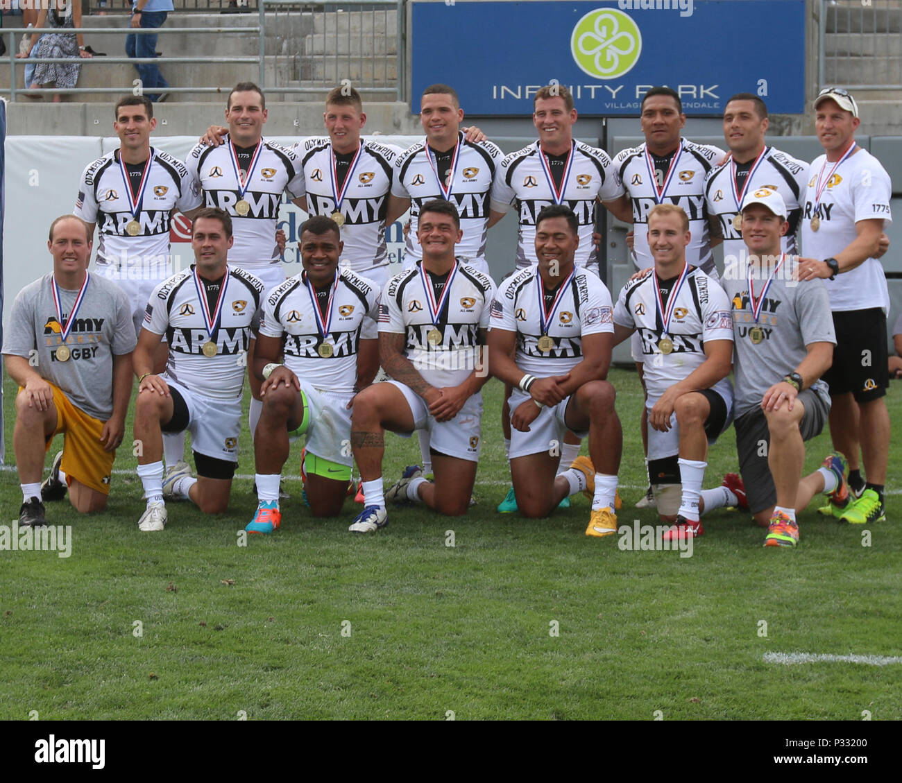 Soldier athletes of the All-Army rugby team pose for a group photo after dominating the U.S. Air Force, 55-5, in the 2016 U.S. Armed Forces Rugby Sevens Championship, Infinity Park, Glendale, Colo., Aug. 27. This year is the fourth consecutive win for the All-Army team. Stock Photo
