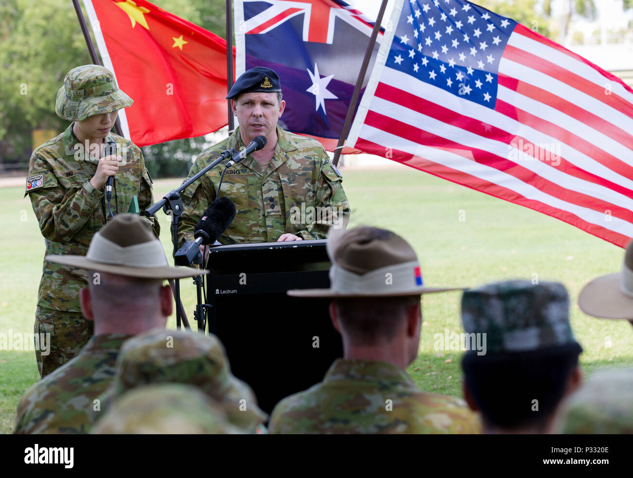 Australian Army Lieutenant Warwick Young addresses Australian Army, US Army, US Marine Corps and Chinese People's Liberation Army personnel the Kowari opening ceremony at Larrakeyah Barracks in Darwin,
