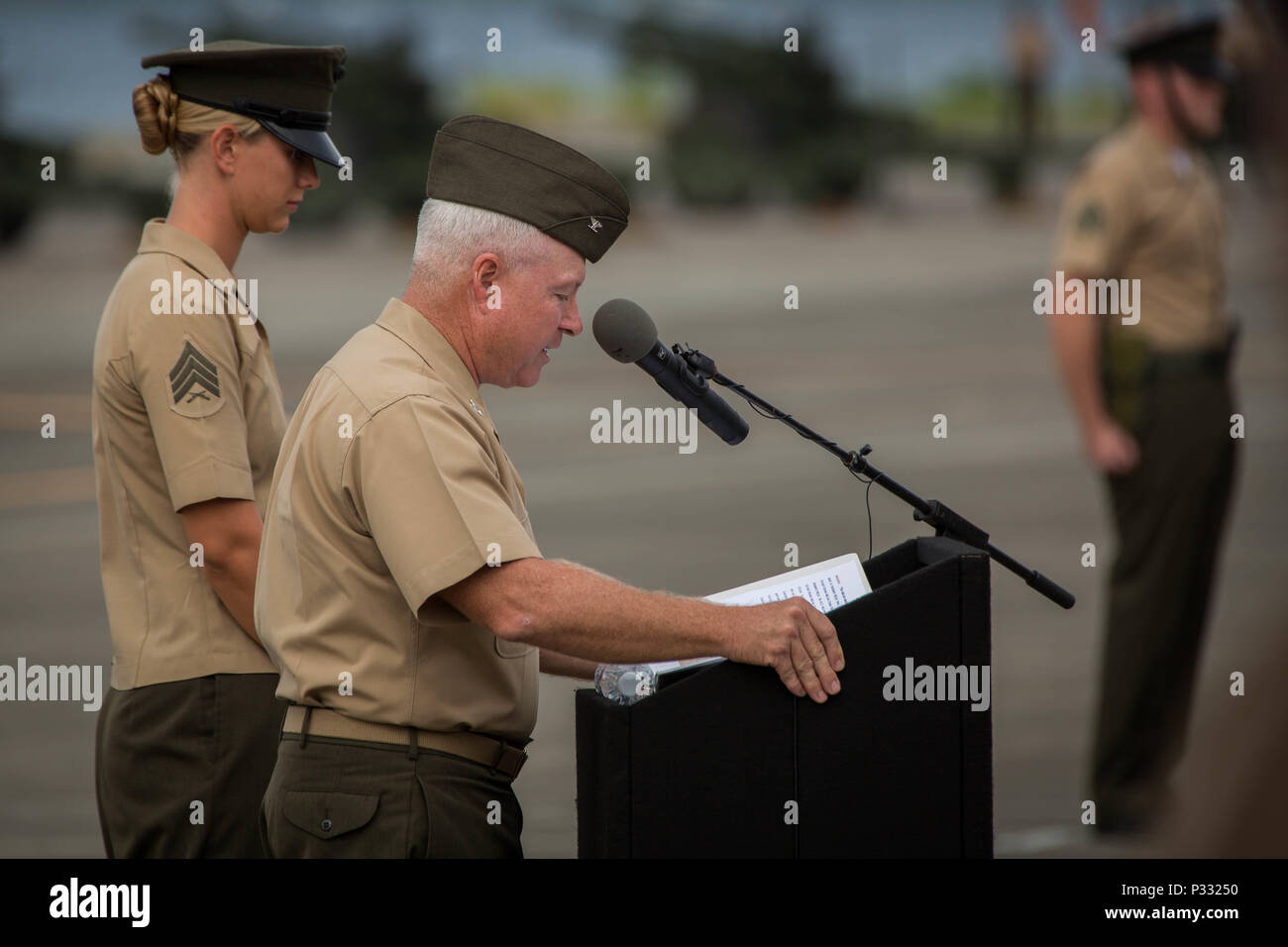 CAPT. Mark R. Hendricks, the force chaplain of U.S. Marine Corps Forces, Pacific, delivers the invocation during the MARFORPAC change of command ceremony at Marine Corps Base Hawaii, Aug. 26 2016. During the ceremony Lt. Gen. John A. Toolan relinquished command of MARFORPAC to Lt. Gen. David H. Berger. (U.S. Marine Corps photo by Lance Cpl. Miguel A. Rosales/ Released) Stock Photo