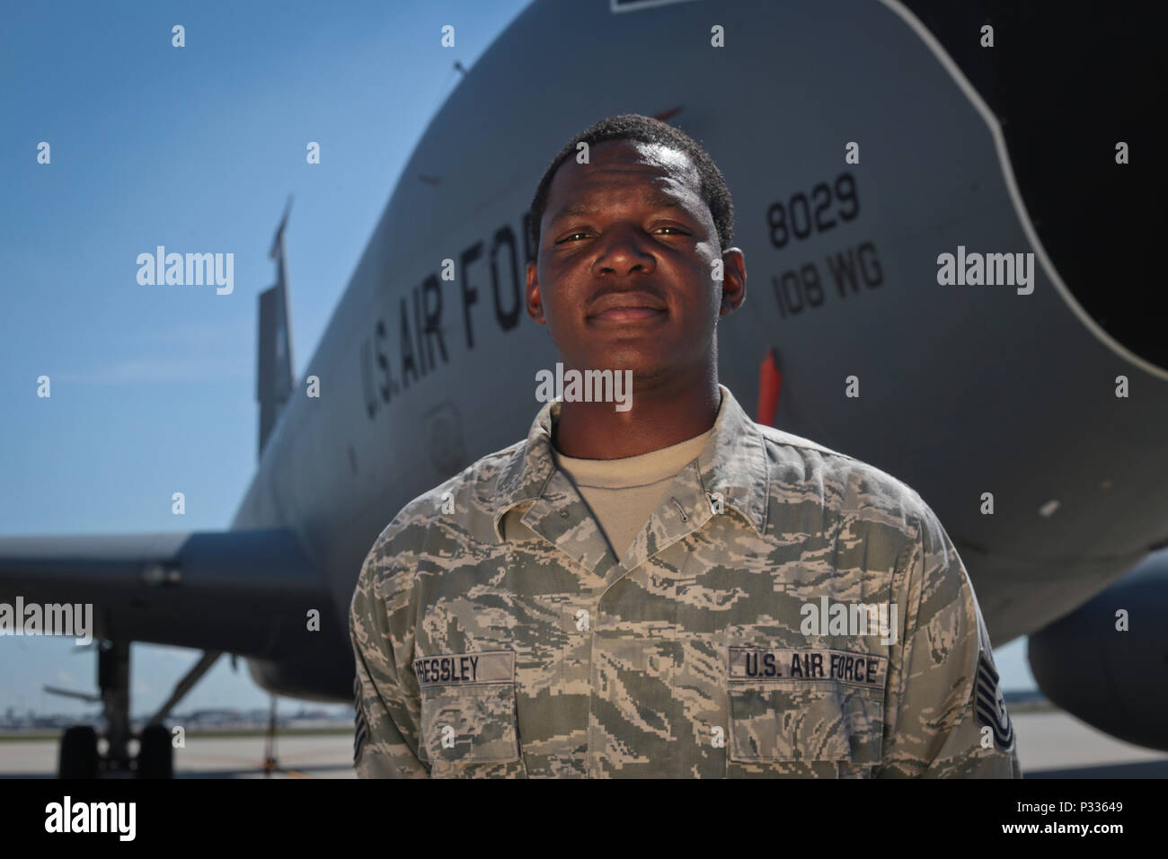 U.S. Air Force Tech. Sgt. Tyrice Pressley, an aircraft mechanic with the  108th Wing, poses for a portrait in front of a KC-135 Stratotanker at Joint  Base McGuire-Dix-Lakehurst, N.J., Aug. 31, 2016. (