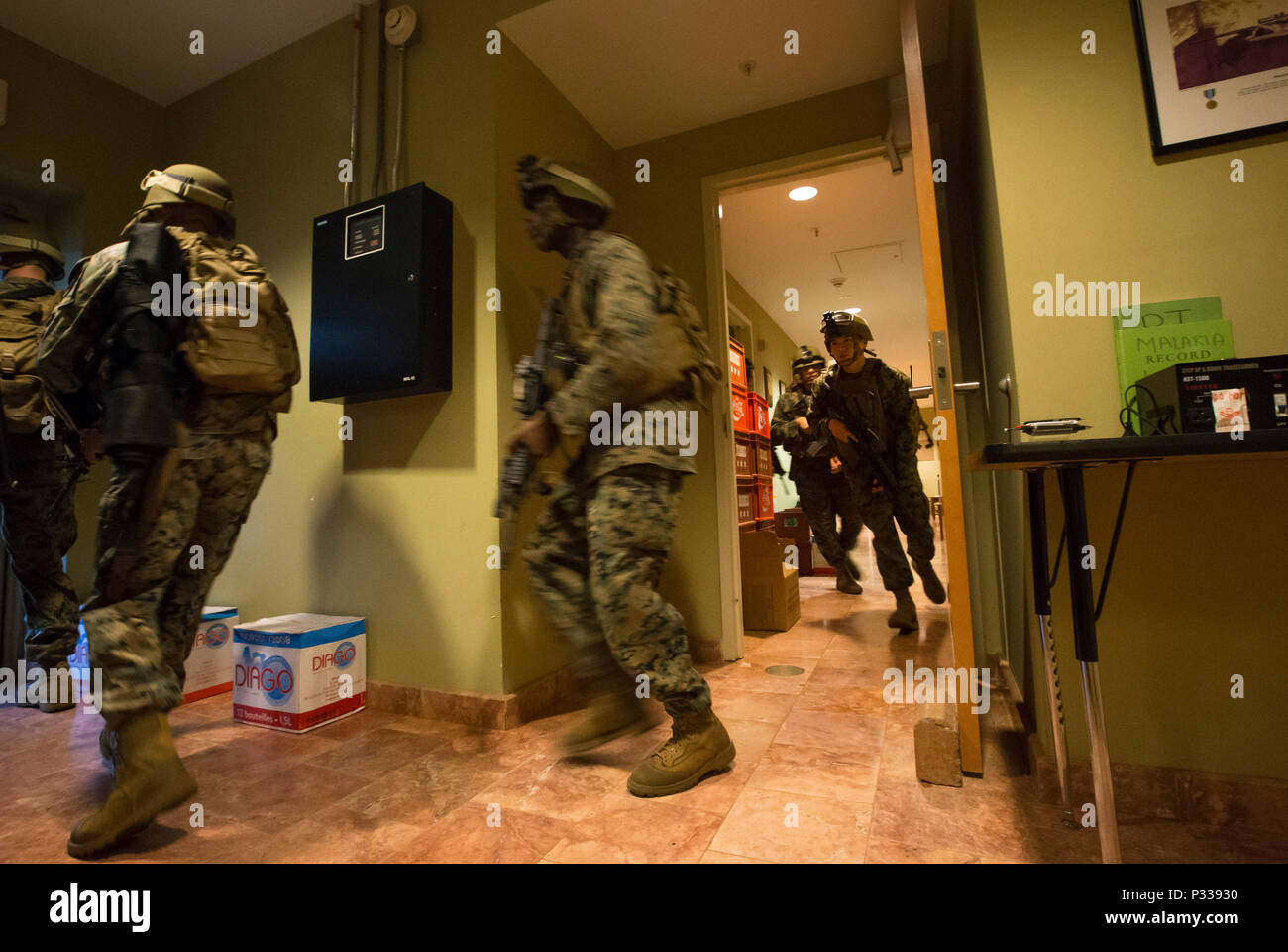 U.S. Marine Security Guard (MSG) watchstanders practice a training drill at the Marine House
