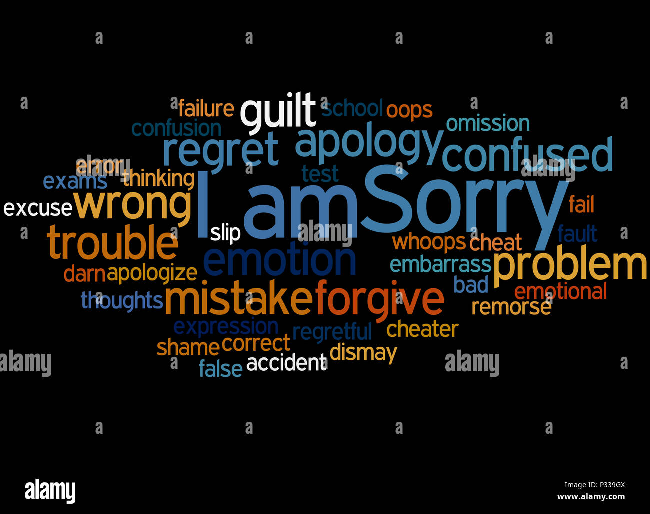 I am Sorry, word cloud concept on black background. Stock Photo