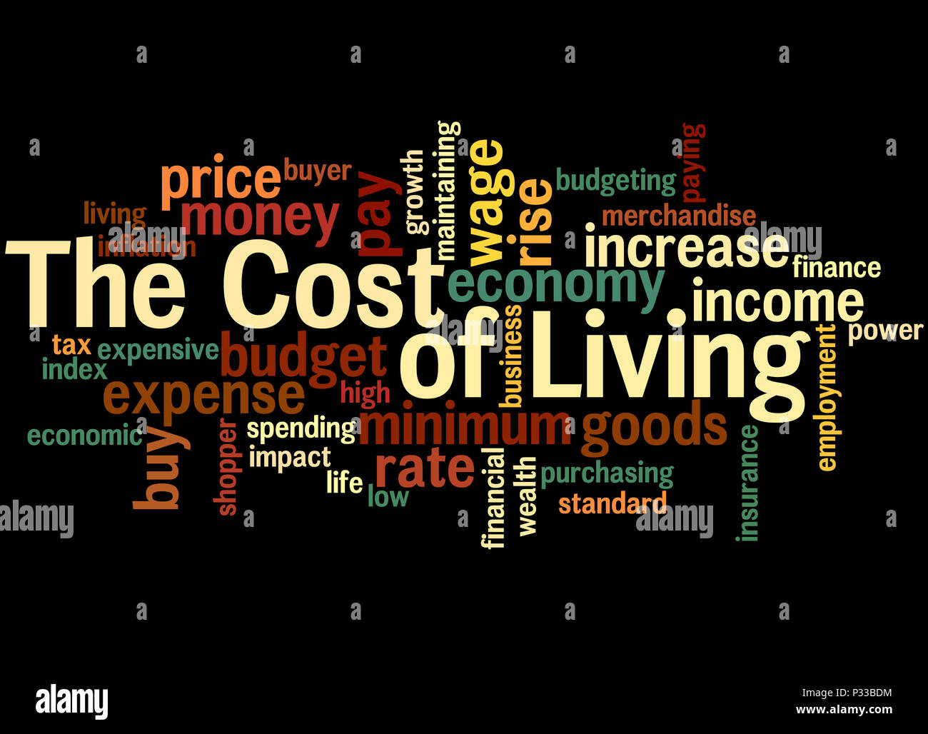The cost of living, word cloud concept on black background Stock Photo