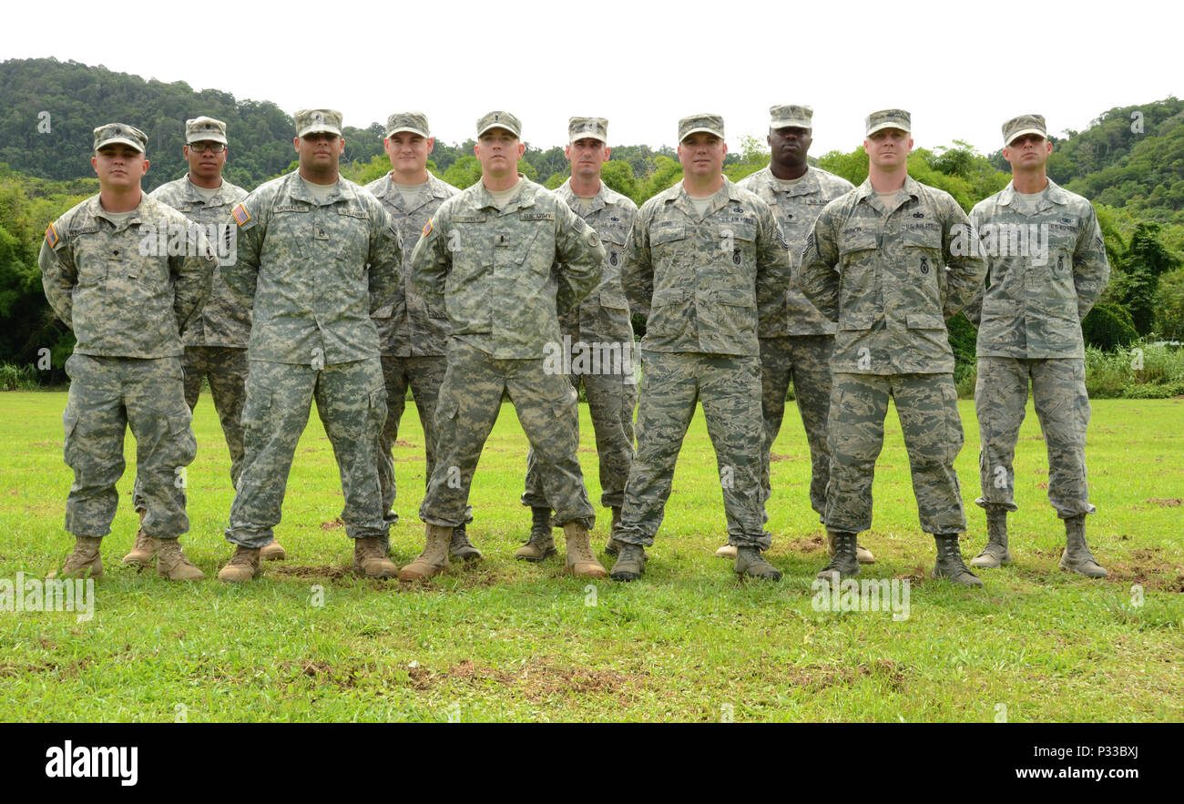 CHAGUARAMAS, Trinidad-  Members of the Delaware National Guard, 153rd Military Police and 166th Security Forces Squadron take a photo prior to a training session on Aug. 10, 2016. (U.S. Air National Guard photo by Tech. Sgt. Gwendolyn Blakley/ Released). Stock Photo