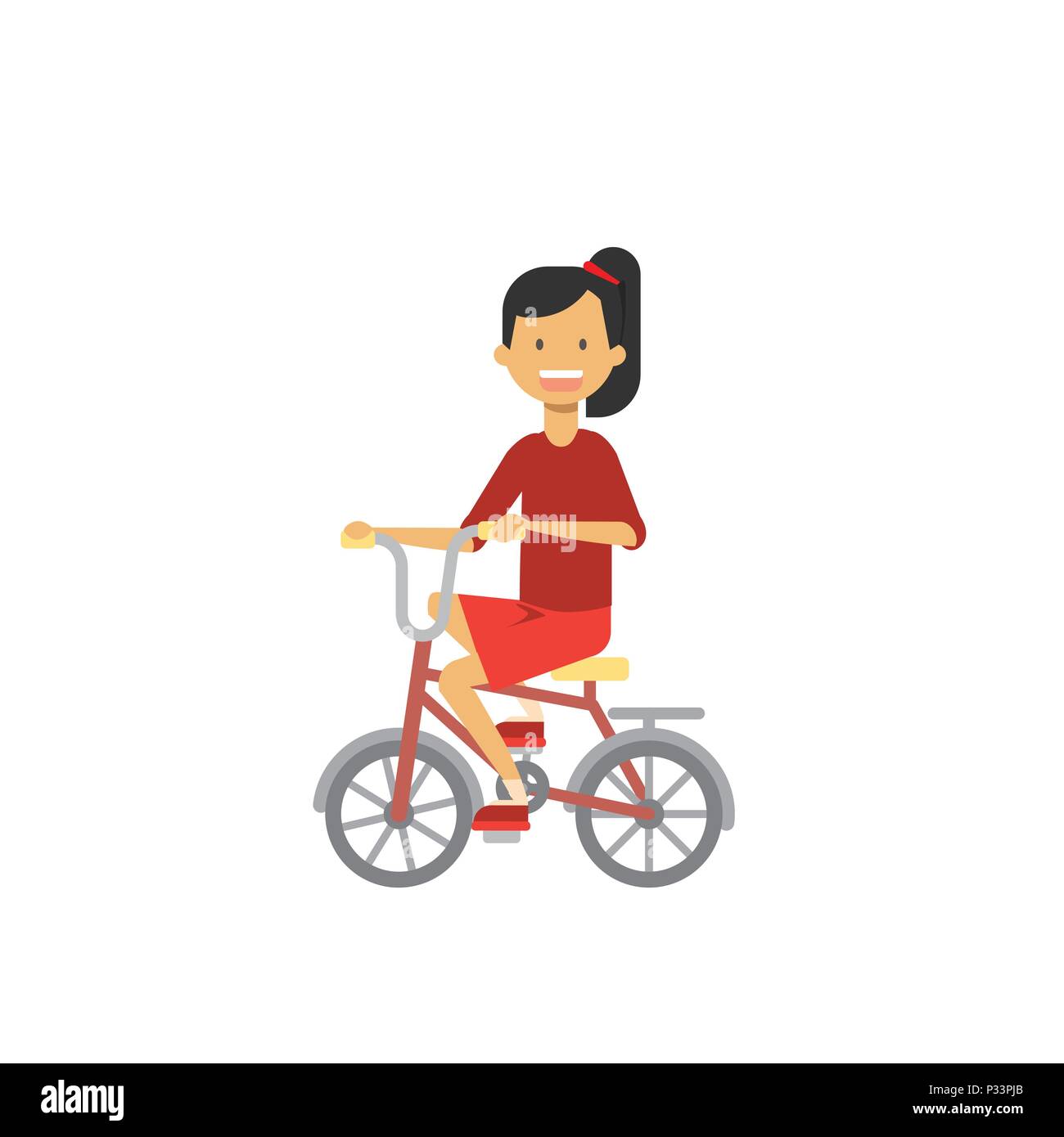 young girl on bicycle over white background. cartoon character. full length flat style Stock Vector
