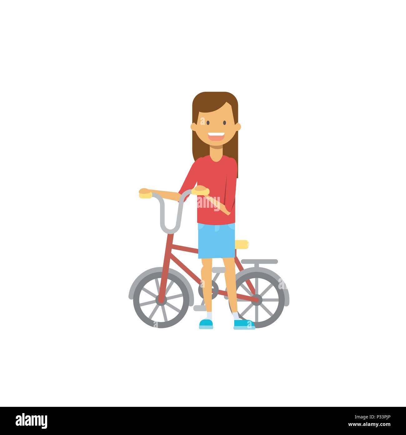 young girl hold bicycle on white background. cartoon character. full length flat style Stock Vector