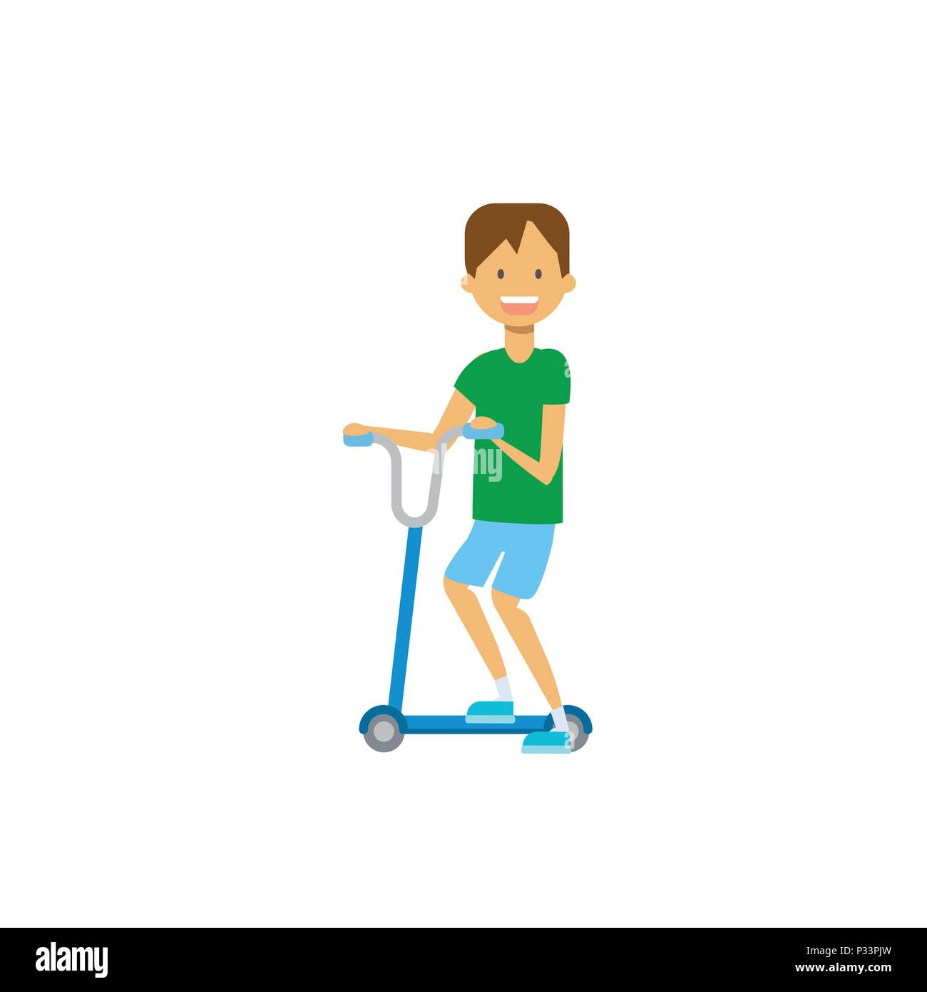 young boy riding kick scooter over white background. cartoon full length character. flat style Stock Vector