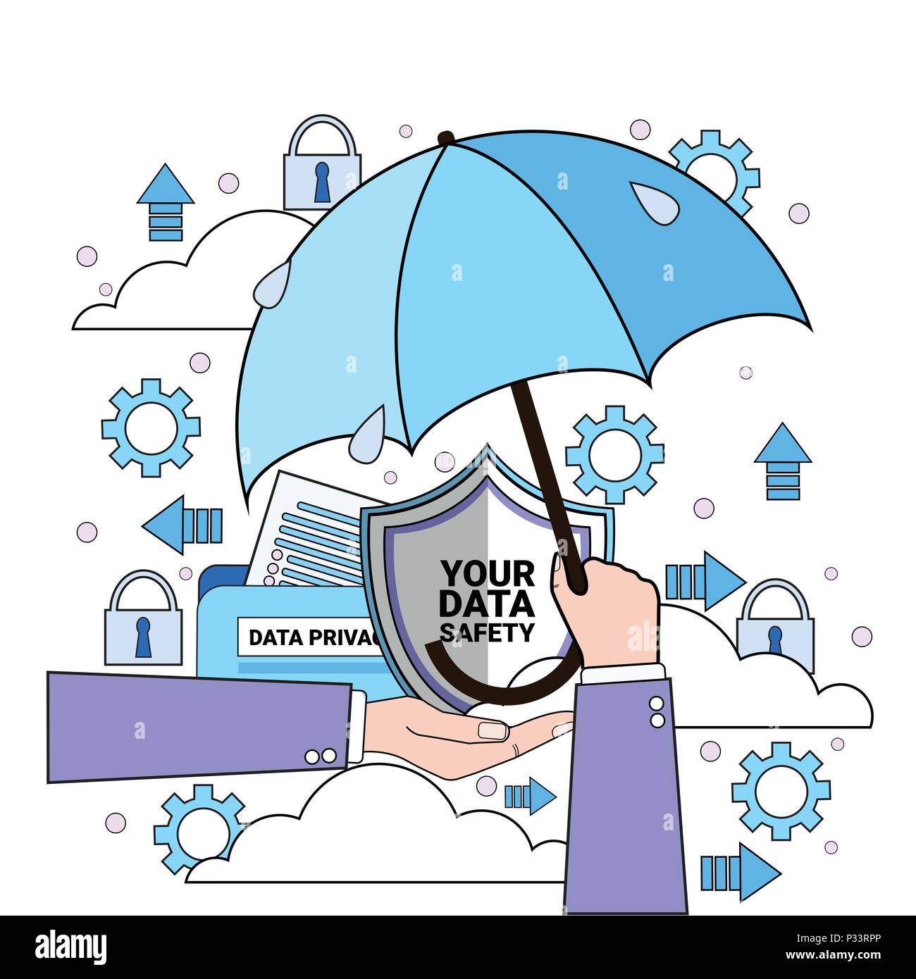 data safety cloud shield hand hold umbrella over synchronization