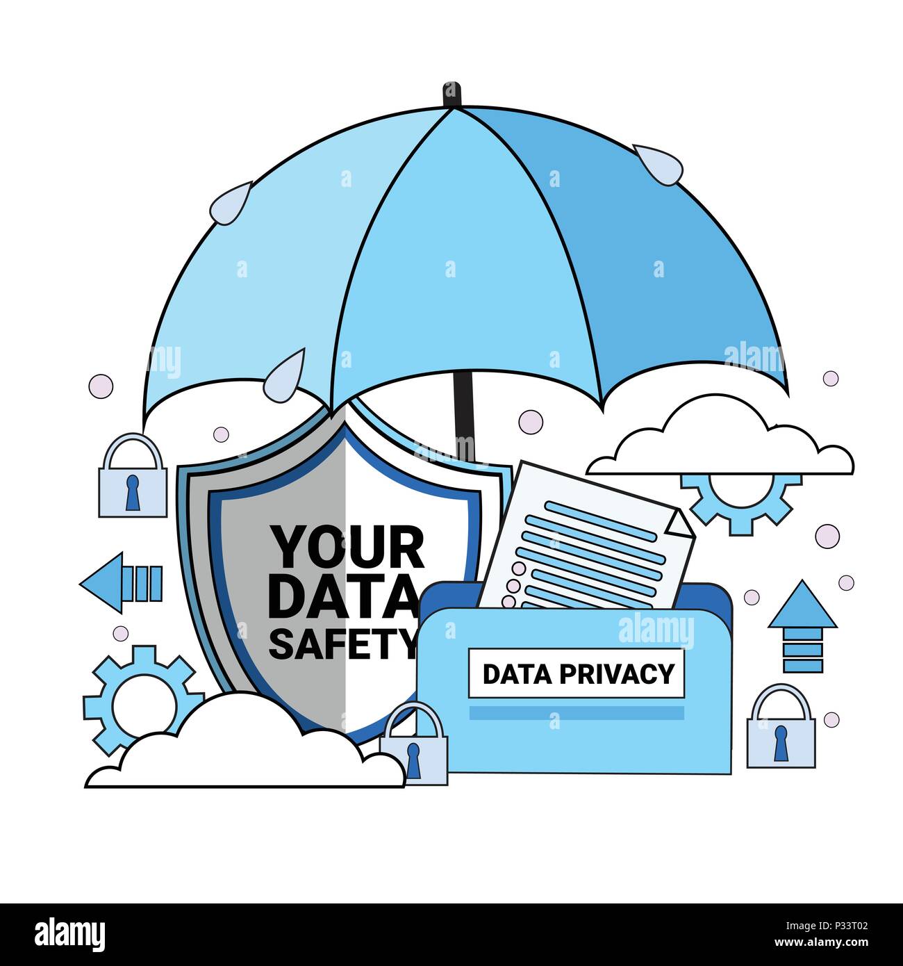 data safety cloud shield folder paper umbrella over synchronization