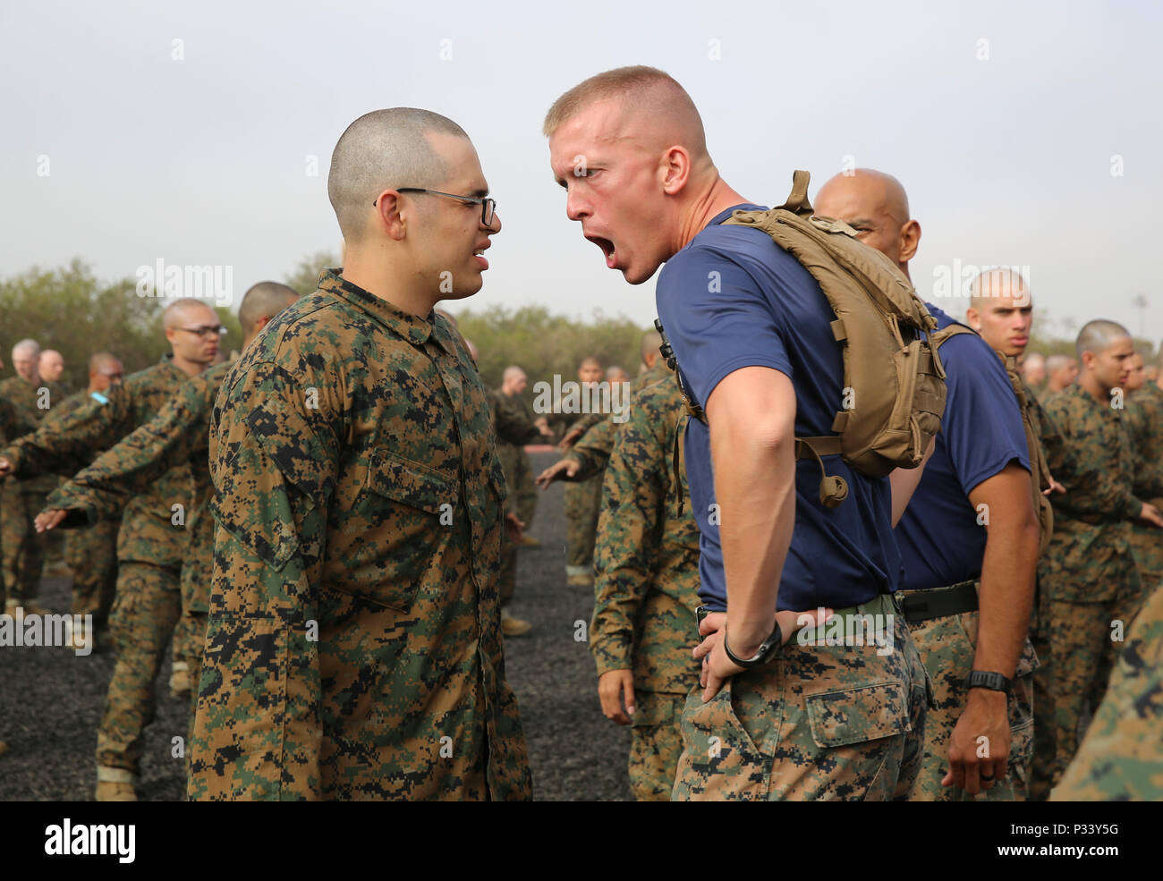 A recruit from Mike Company, 3rd Recruit Training Battalion, applies a choke  hold during a Marine Corps Martial Arts Program test at Marine Corps  Recruit Depot San Diego, July 20. The recruits