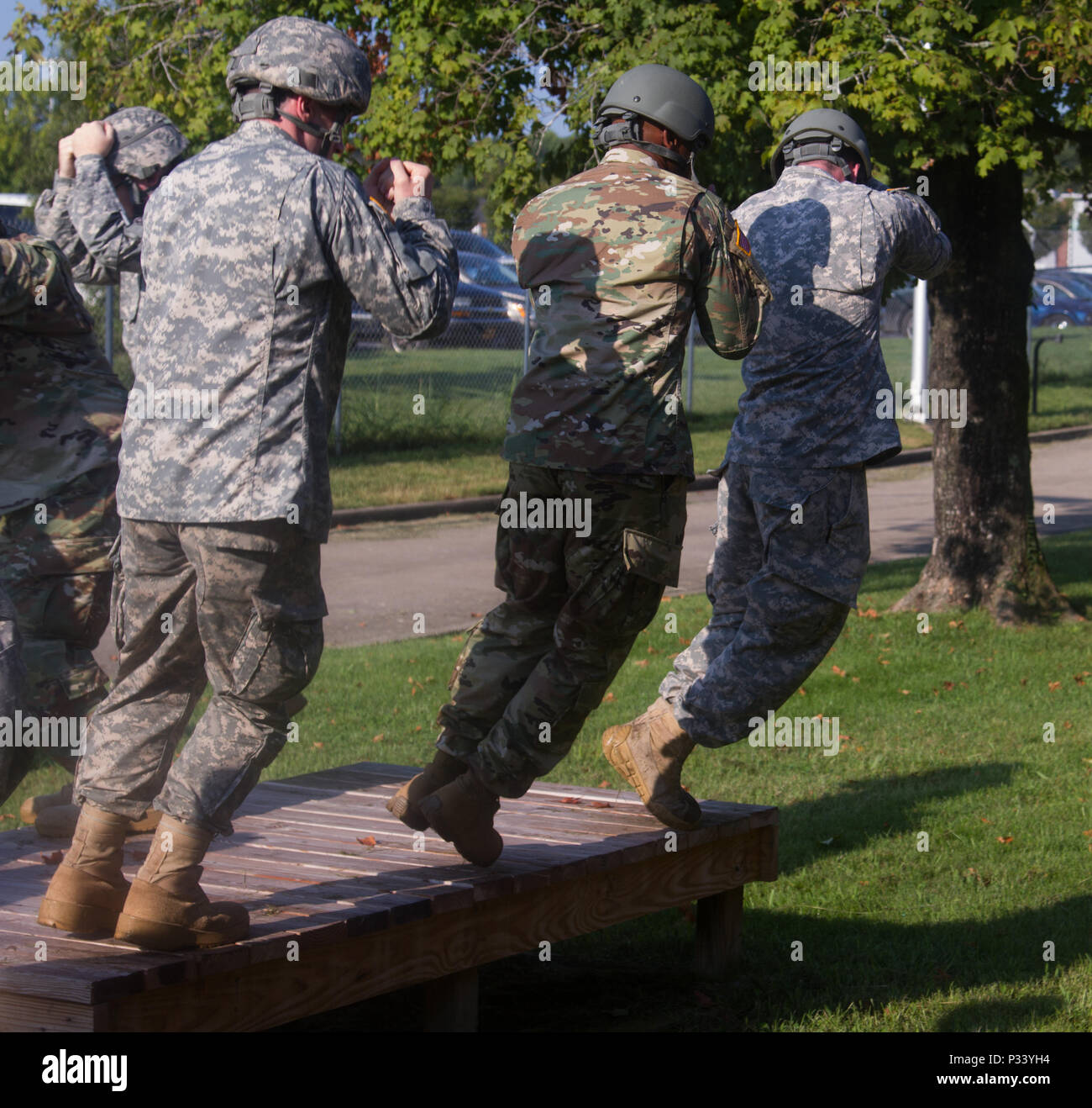 Soldiers of the 861st Quartermaster Company practice their landings on