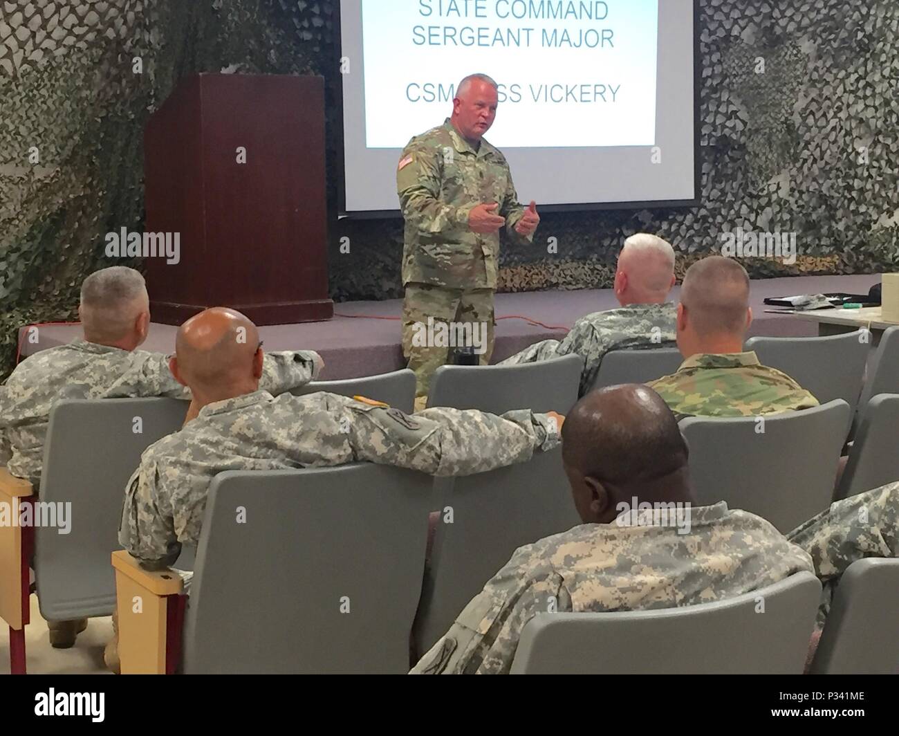 U.S. Army Command Sgt. Maj. Russell A. Vickery speaks to senior ranking noncommissioned officers during the 218th Maneuver Enhancement Brigade’s Command Sergeant Major Call held at McCrady Training Center, Eastover, South Carolina, August 27, 2016. Vickery discussed the need for senior leaders to mentor subordinate Soldiers through the Army Career Tracker and answered questions from senior NCOs of the 218th MEB. (U.S. Army National Guard photo by Sgt. 1st Class Kimberly D. Calkins/released) Stock Photo