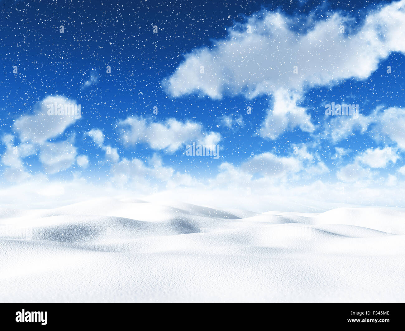 3D snowy landscape with fluffy white clouds in a blue sky Stock Photo ...