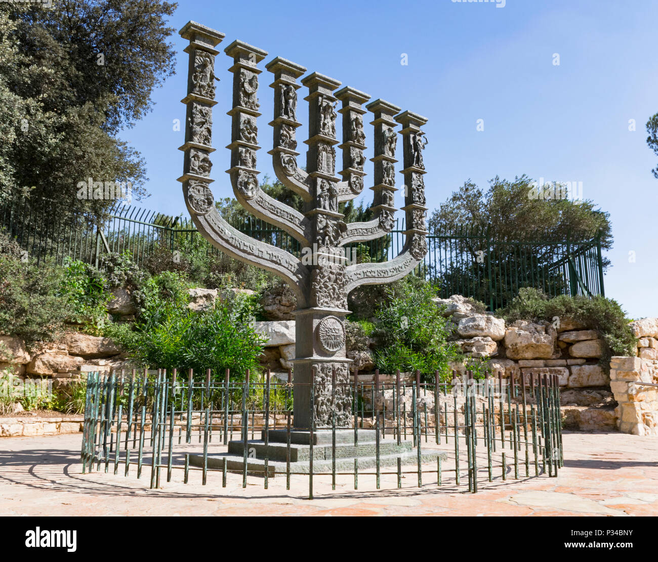 the bronze menorah in Jerusalem next to the rose garden and across the street from the Knesset Stock Photo