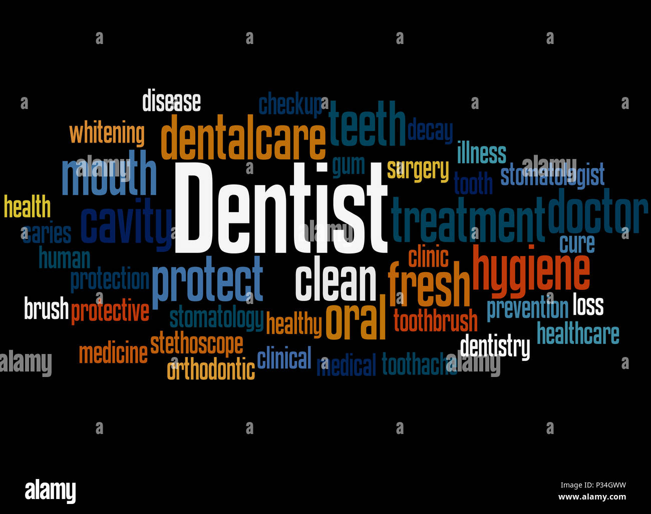Dentist, word cloud concept on black background Stock Photo Alamy