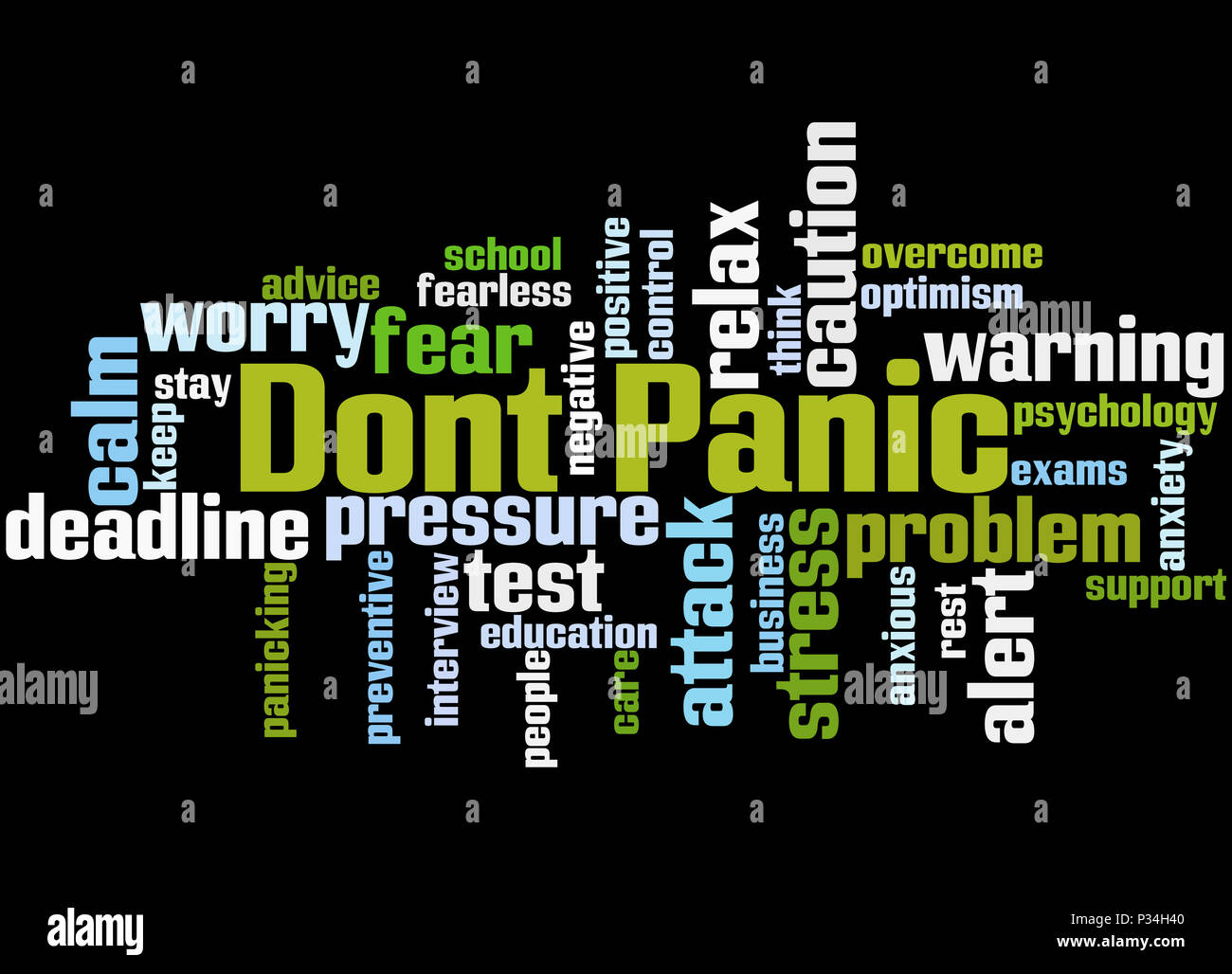 Dont Panic, word cloud concept on black background. Stock Photo