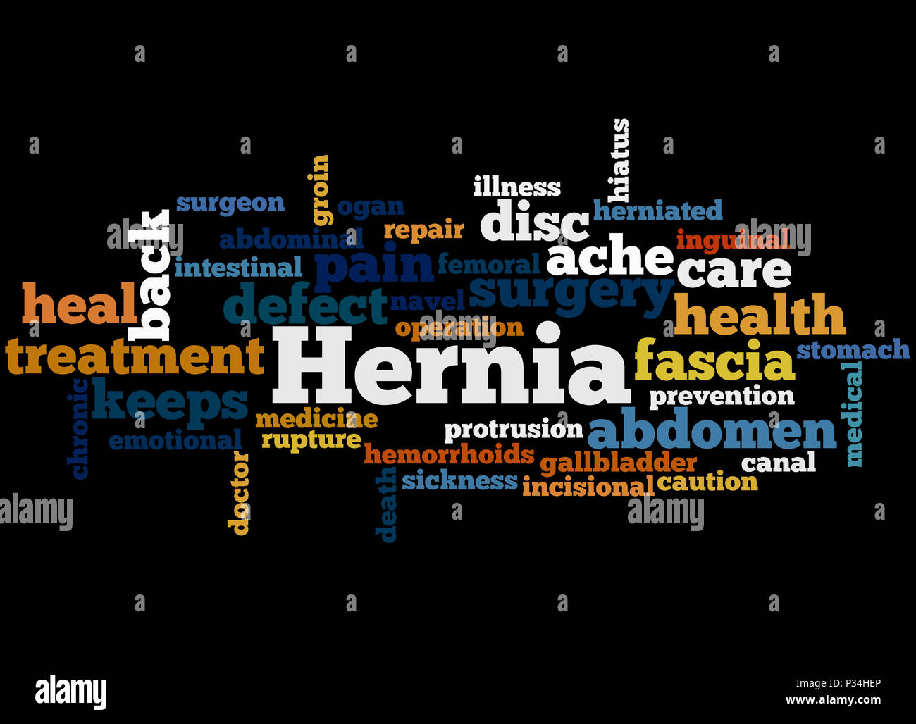 Hernia, word cloud concept on black background. Stock Photo