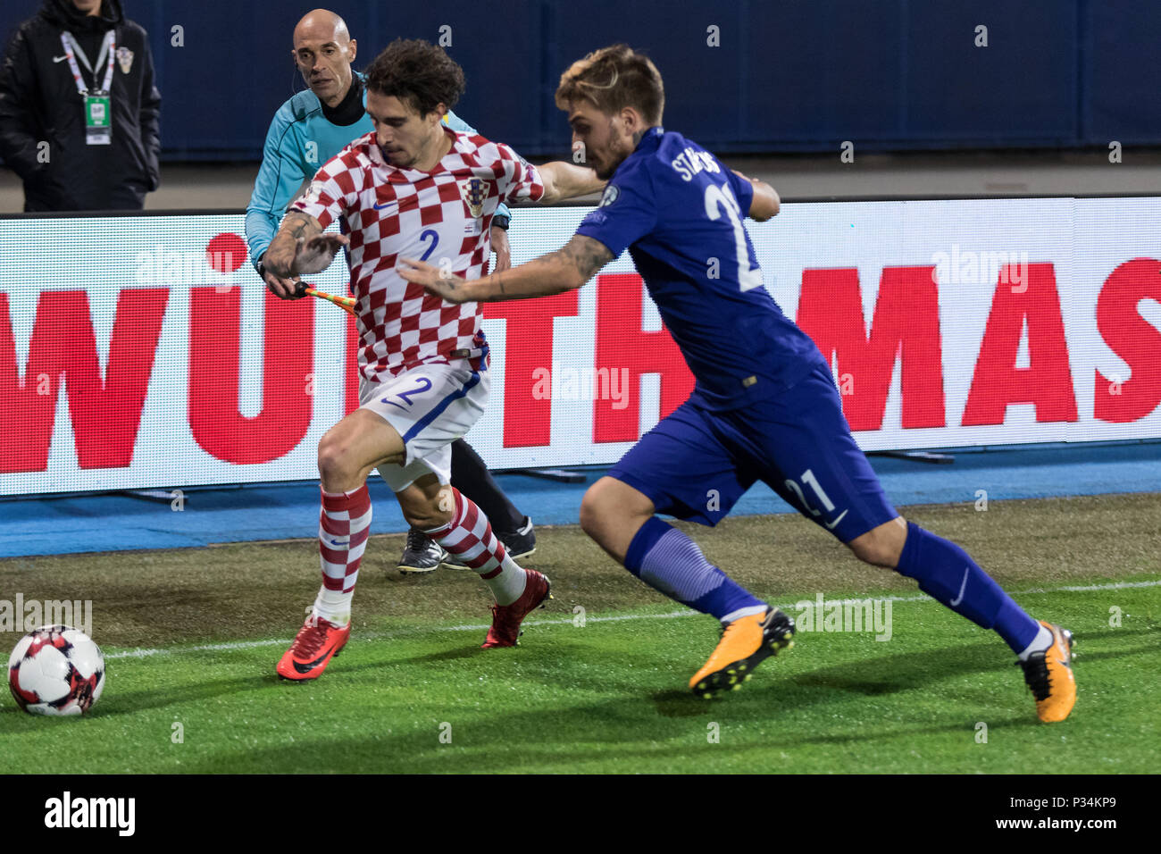 ZAGREB, CROATIA - NOVEMBER 09, 2017: European qualifier for 2018 FIFA World Cup Russia. Croatia vs Greece. Sime VRSALJKO (2) and Konstantinos STAFYLID Stock Photo
