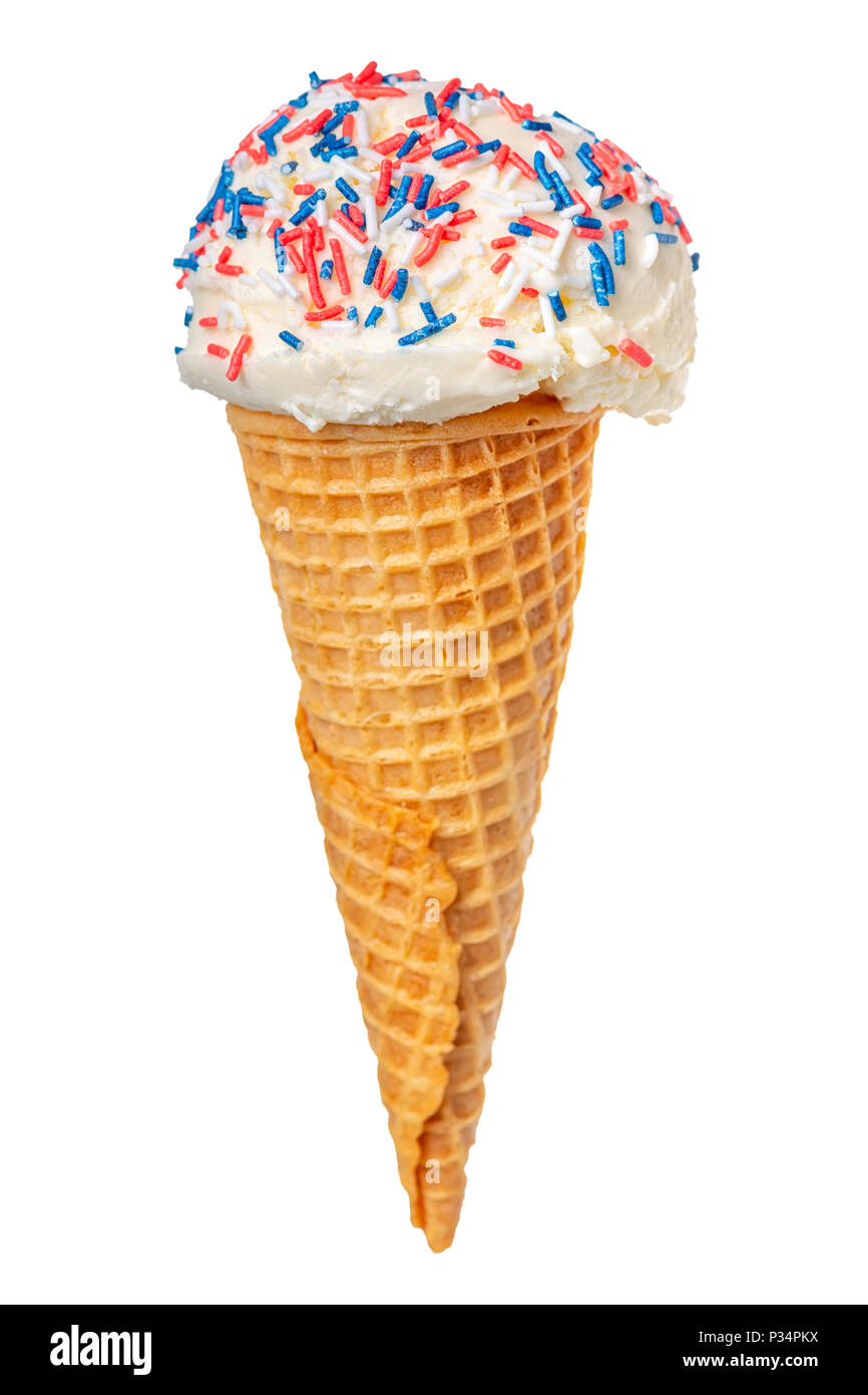 wafer cup with white scoop of ice cream and sprinkles isolated on white