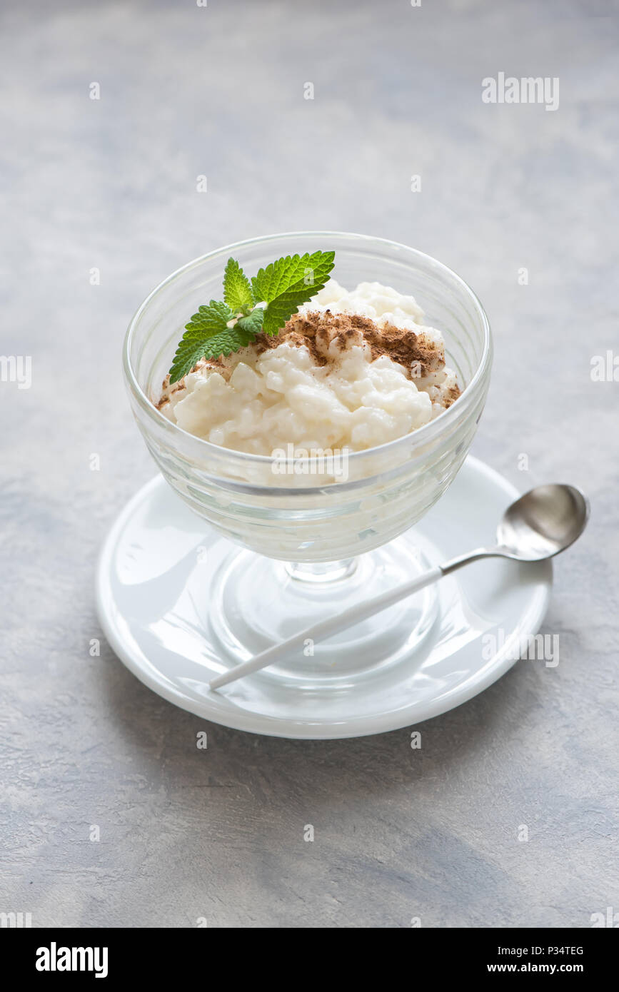 Rice Pudding with Cinnamon. Healthy traditional homemade dessert or