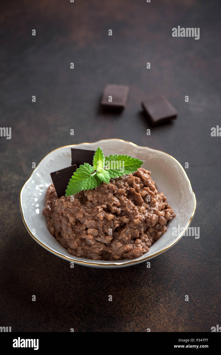 Chocolate Rice Pudding with Cinnamon. Healthy traditional homemade