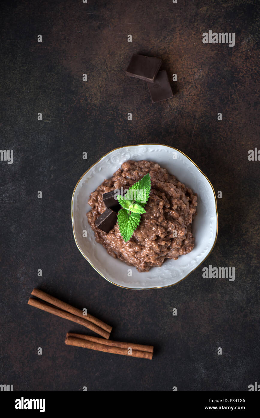 Chocolate Rice Pudding with Cinnamon. Healthy traditional homemade