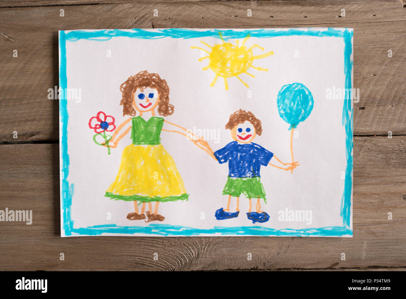 Children's drawing of family single mom and son. Incomplete family concept. Stock Photo
