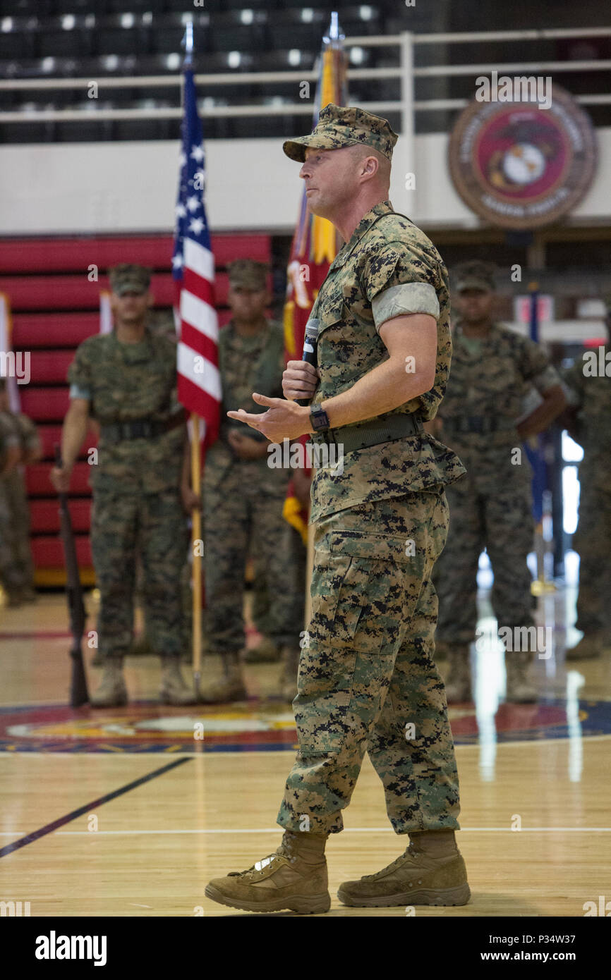 U.S. Marine Corps Col. Matthew S. Reid, the outgoing commanding officer of 6th Marine Regiment, 2nd Marine Division, offers remarks during a change of command ceremony at Camp Lejeune, N.C., June 12, 2018. During the ceremony, Reid relinquished command of 6th Marine Regiment to Col. Daniel T. Canfield Jr.  (U.S. Marine Corps photo by Pfc. Nathaniel Q. Hamilton) Stock Photo