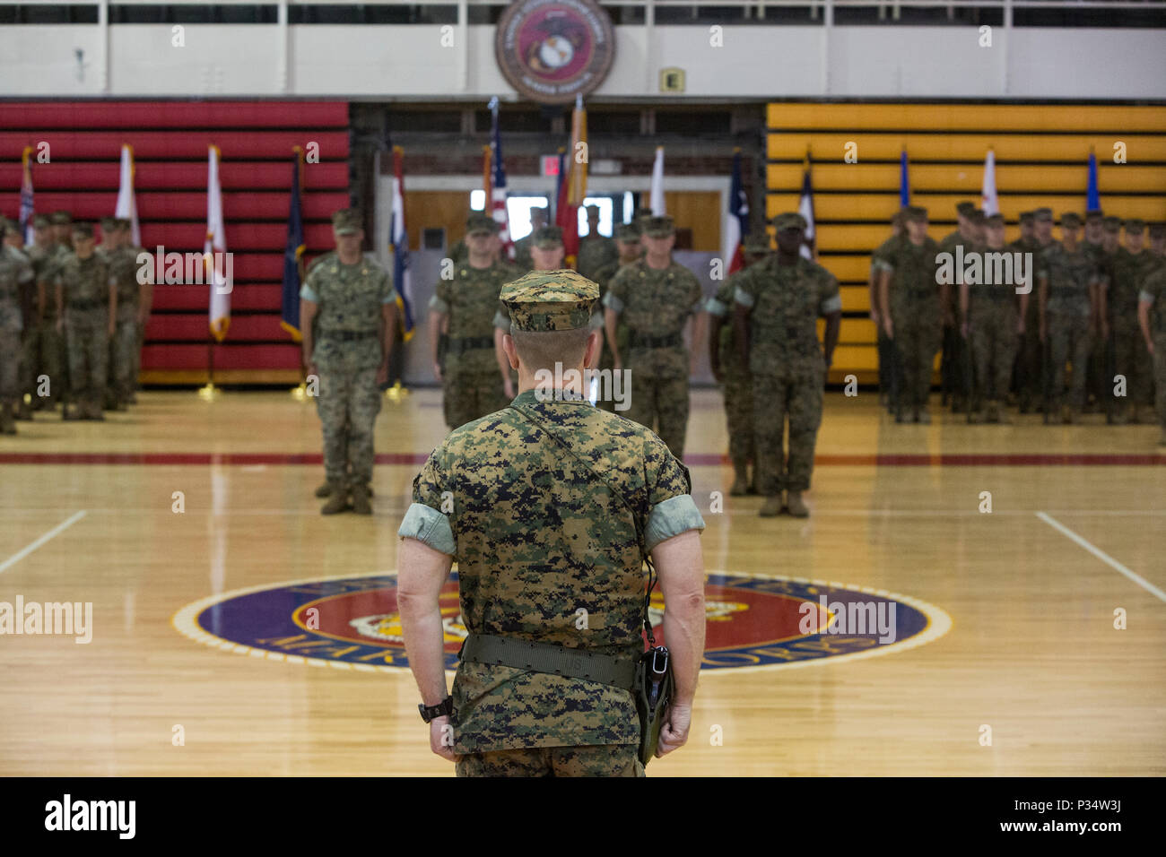 U.S. Marine Corps Col. Daniel T. Canfield Jr., the commanding officer of 6th Marine Regiment, 2nd Marine Division, stands at attention during a change of command ceremony at Camp Lejeune, N.C., June 12, 2018. During the ceremony, Col. Matthew S. Reid relinquished command of 6th Marine Regiment to Canfield Jr.  (U.S. Marine Corps photo by Pfc. Nathaniel Q. Hamilton) Stock Photo