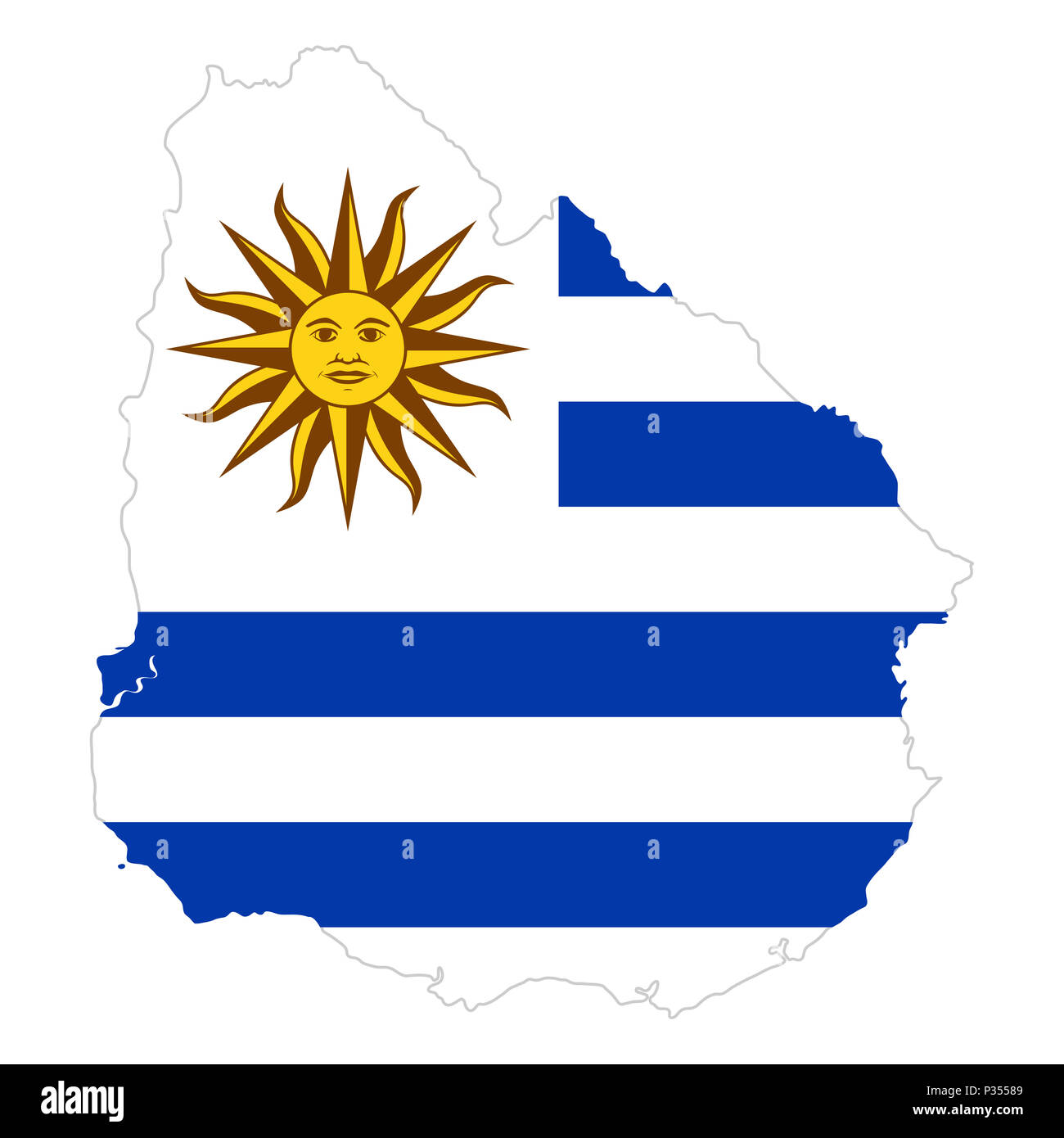 National flag of Uruguay with Sun of May in the country silhouette. Country flag with national emblem Sol de Mayo on white canton and white and blue. Stock Photo