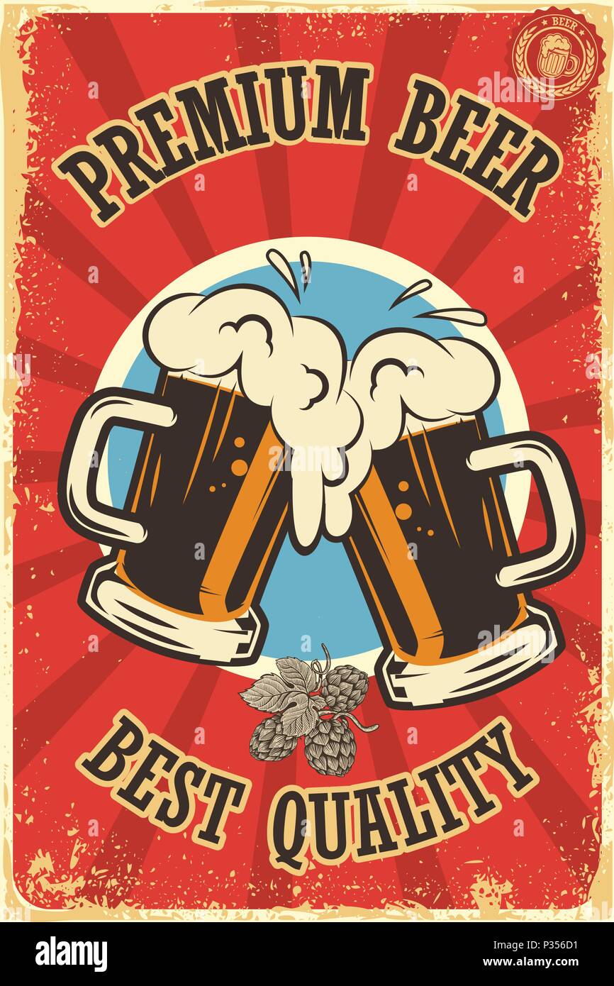 Beer poster in retro style. Beer objects on grunge background. Design