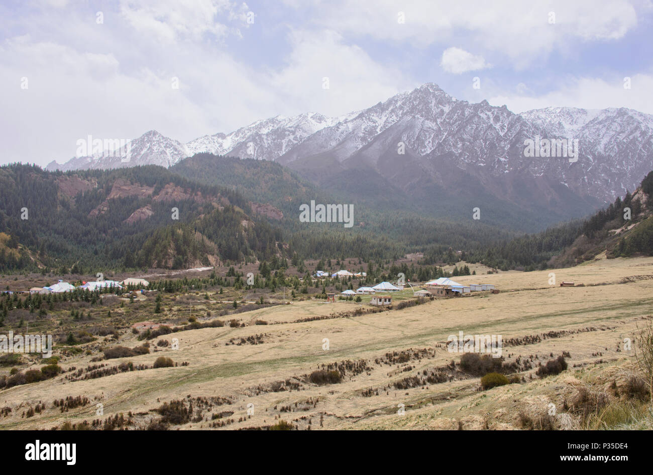View of the Qilian Mountains from the Mati Si Temples, Gansu, China Stock Photo