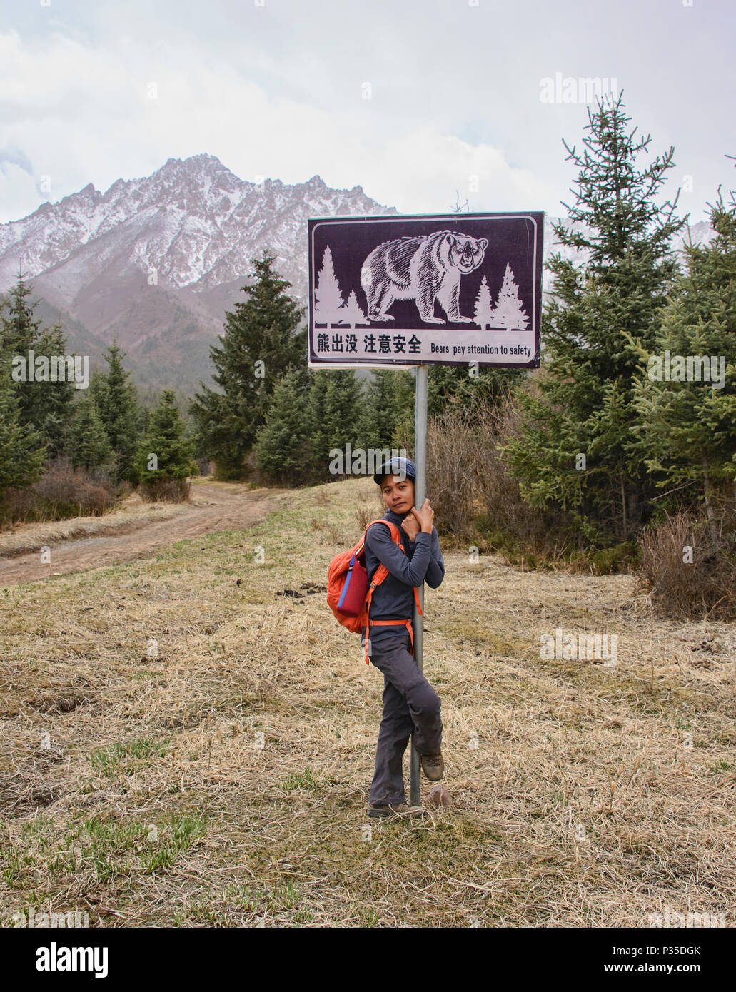 Bear warning in the Qilian Mountains near the Mati Si Temples, Gansu, China Stock Photo