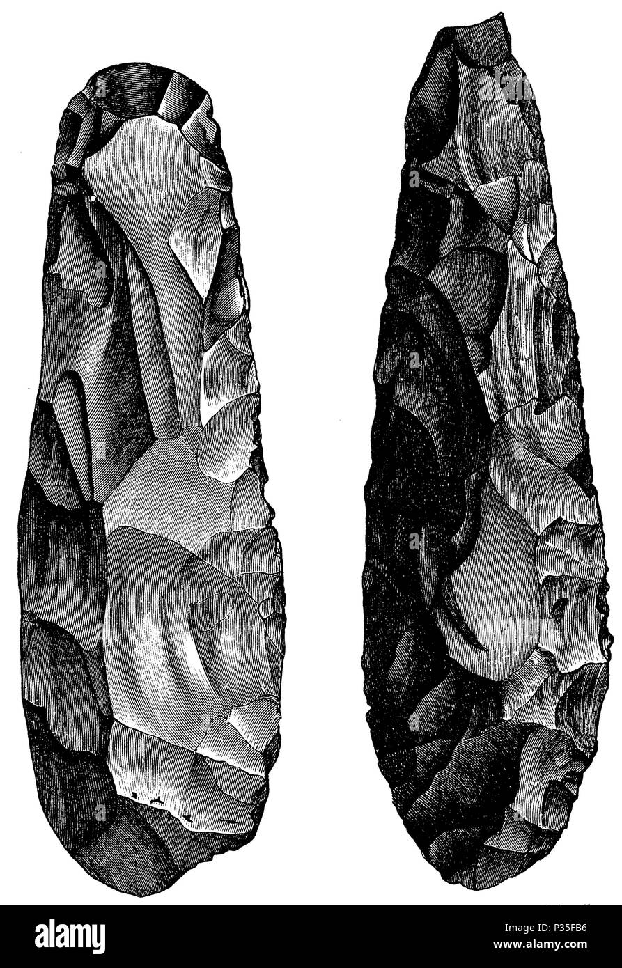 Stone lance tips of the Danish Stone Age (after Lubbock),   1894 Stock Photo