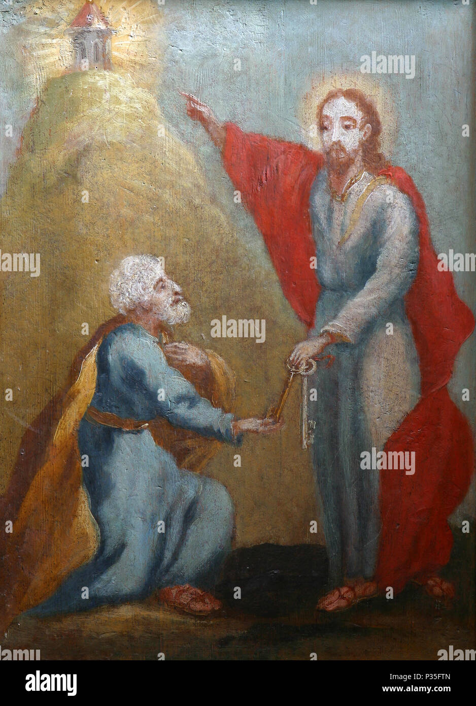 Christ Giving the Keys to St. Peter, picture on a wardrobe in the sacristy of the church of the Immaculate Conception in Lepoglava, Croatia Stock Photo