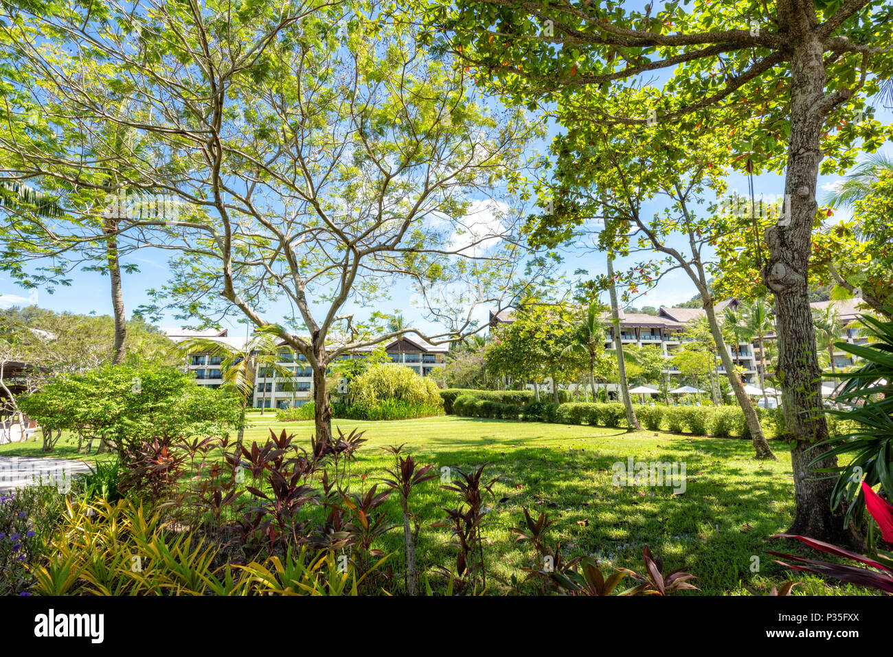 The lush grounds of the Shangri La Rasa Ria Hotel and Resort in Kota Kinabalu, Borneo, Malaysia Stock Photo