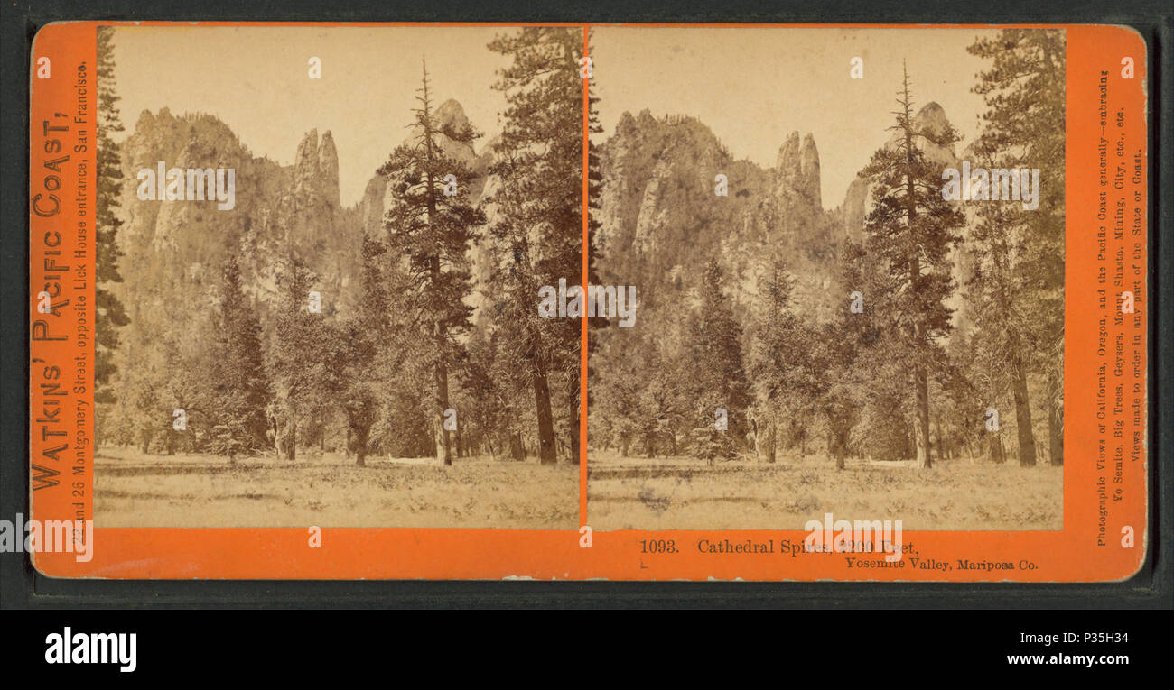 57 Cathedral Spires, 2200 feet, Yosemite Valley, Mariposa County, Cal, by Watkins, Carleton E., 1829-1916 Stock Photo
