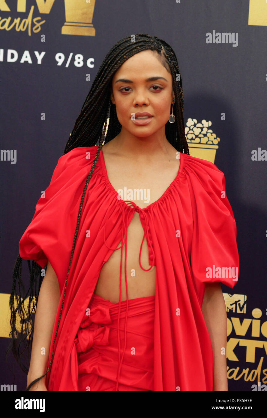 Tessa Thompson attending the 2018 MTV Movie and TV Awards held at the Barker Hangar in Los Angeles, USA. Stock Photo