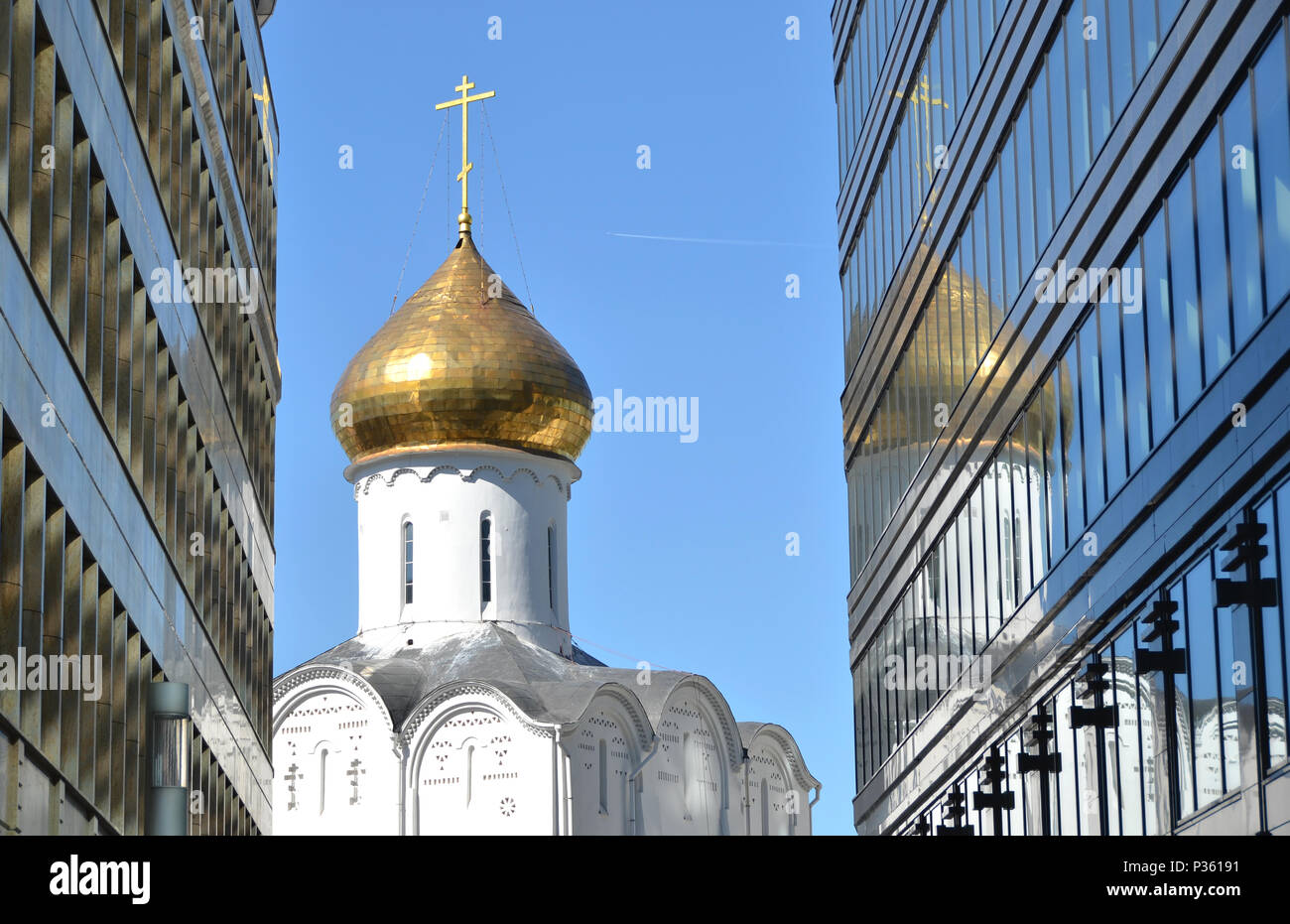 Temple of St. Nicholas. Old and new Moscow meet atTverskaya Zastava in Moscow Stock Photo